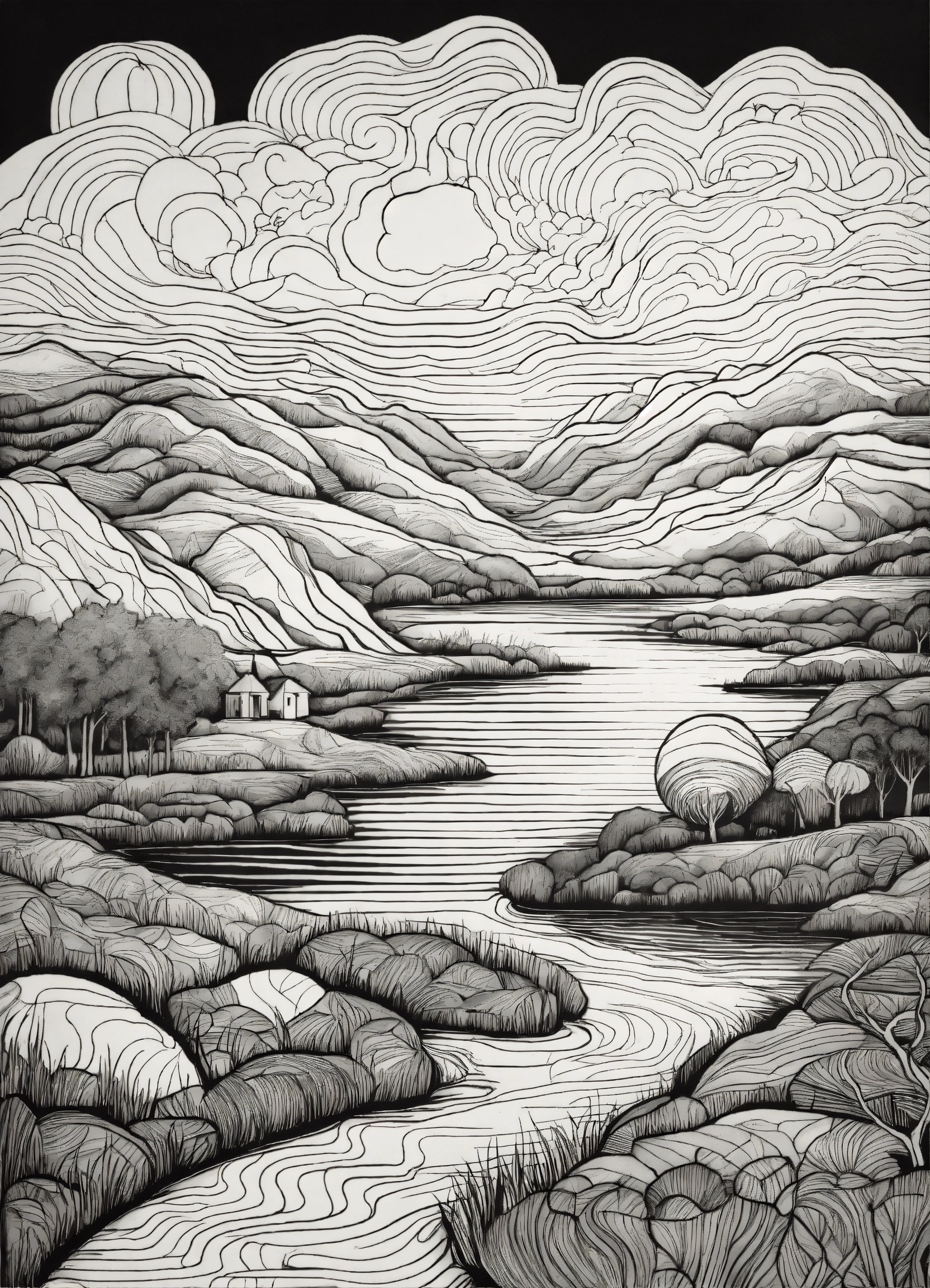 Lexica - Outline landscape, bold black lines on a white background, in ...