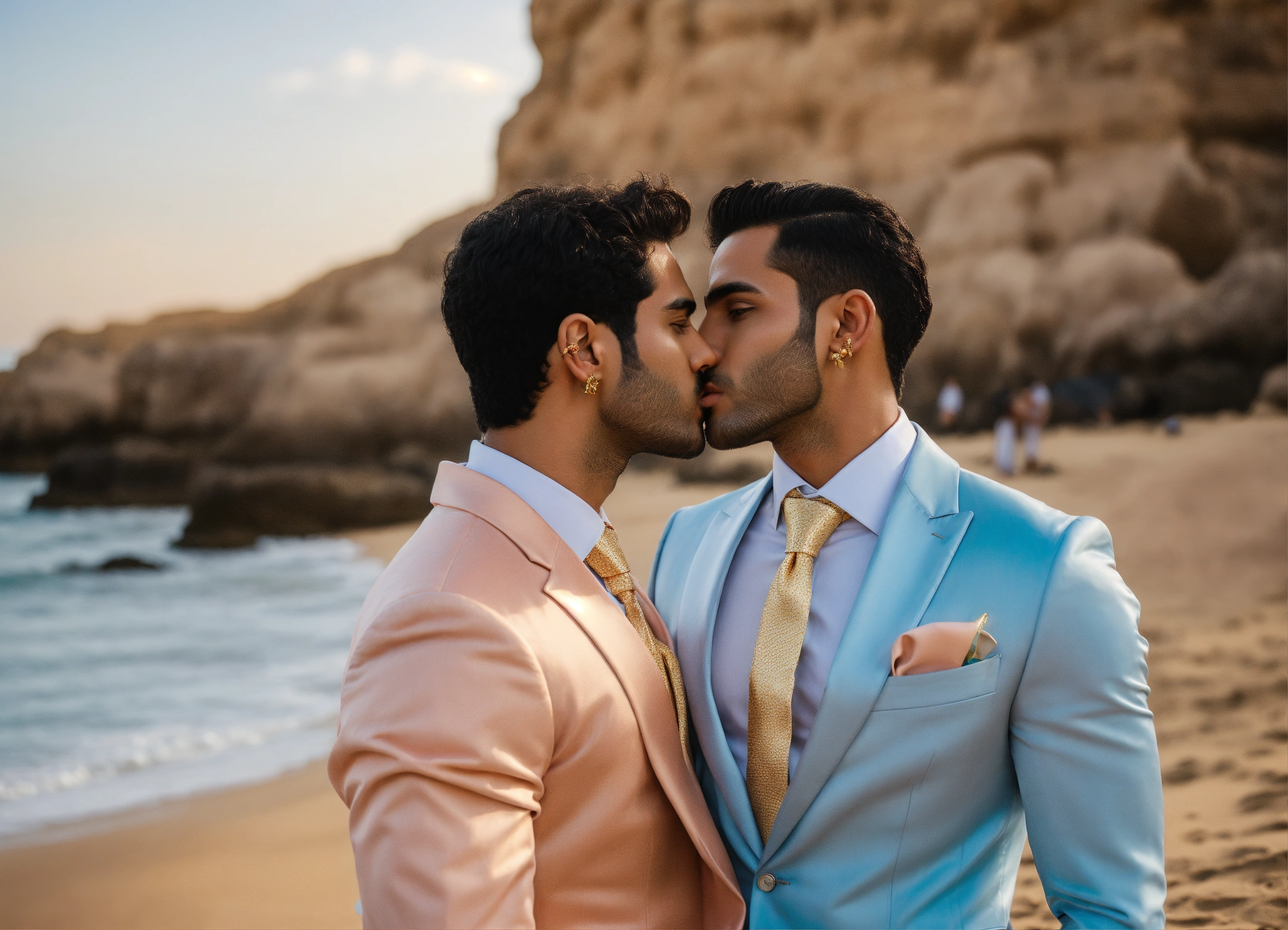 Lexica - Two Egyptian male models, in satin peach and pale blue suit,  golden tie, golden earings, kissing on the beach