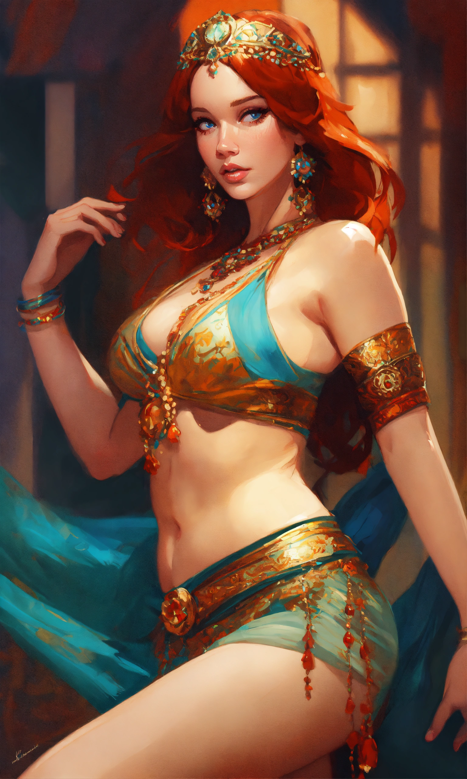 Lexica - Christina Hendricks as belly dancer, full body, barefoot, bare feet,  rounded eyes, far minimalist perspective, digital painting, fan art, pi...