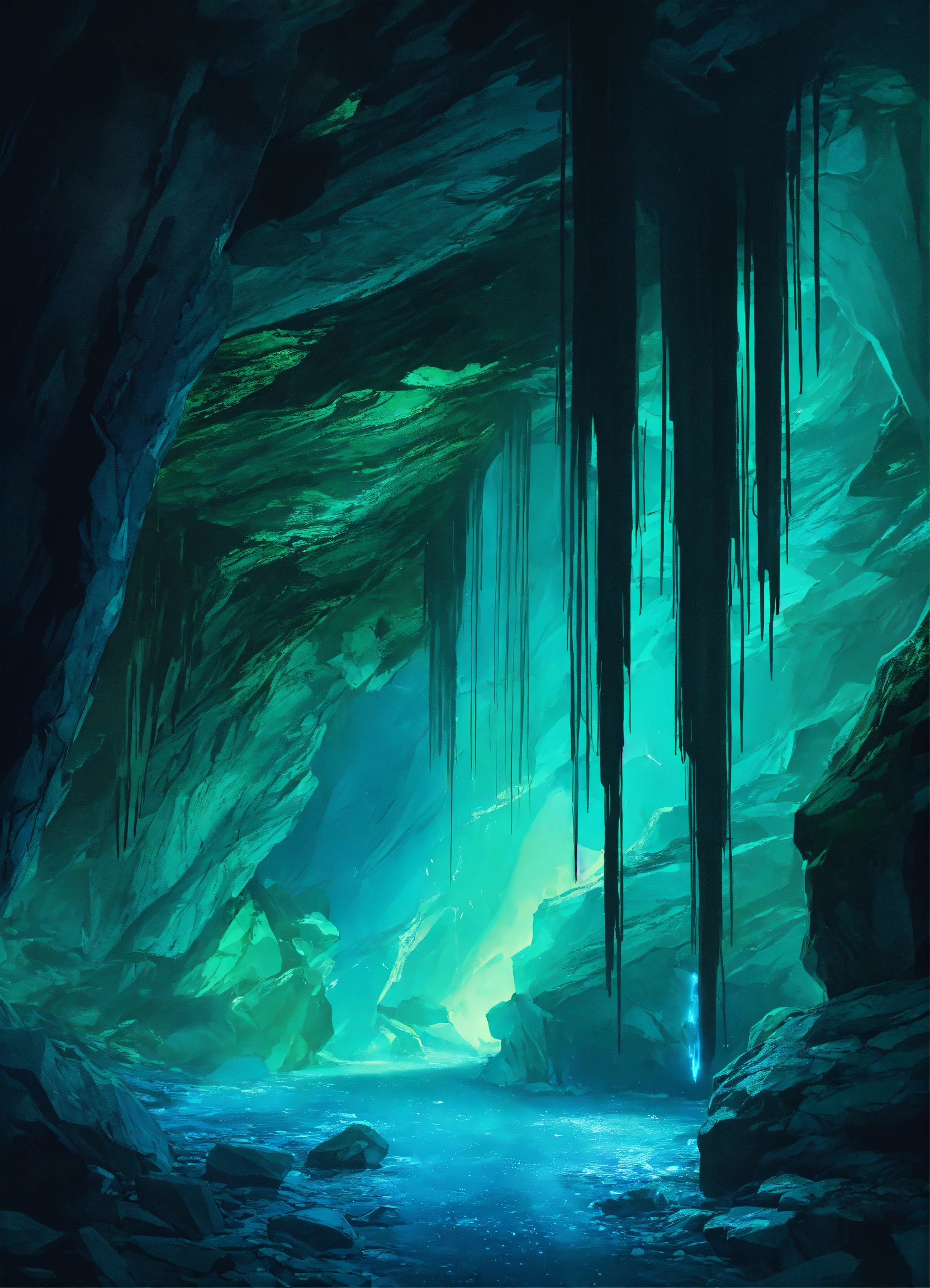 Lexica - A dark cave with glowing crystals, turquoise color pallet ...