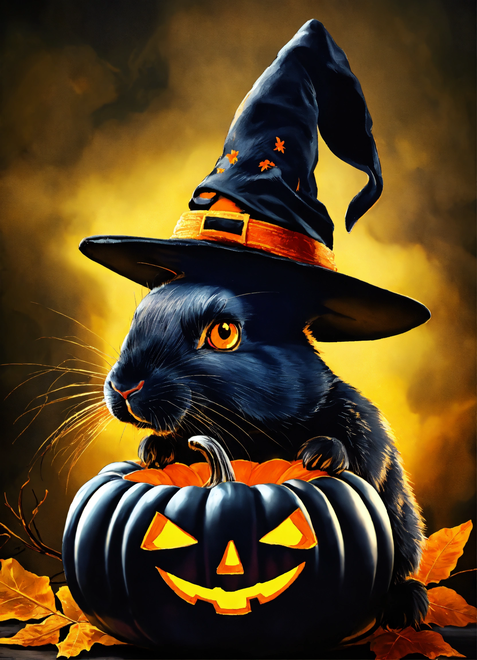 Lexica - Spooky black rabbit with orange eyes wearing a witches hat ...