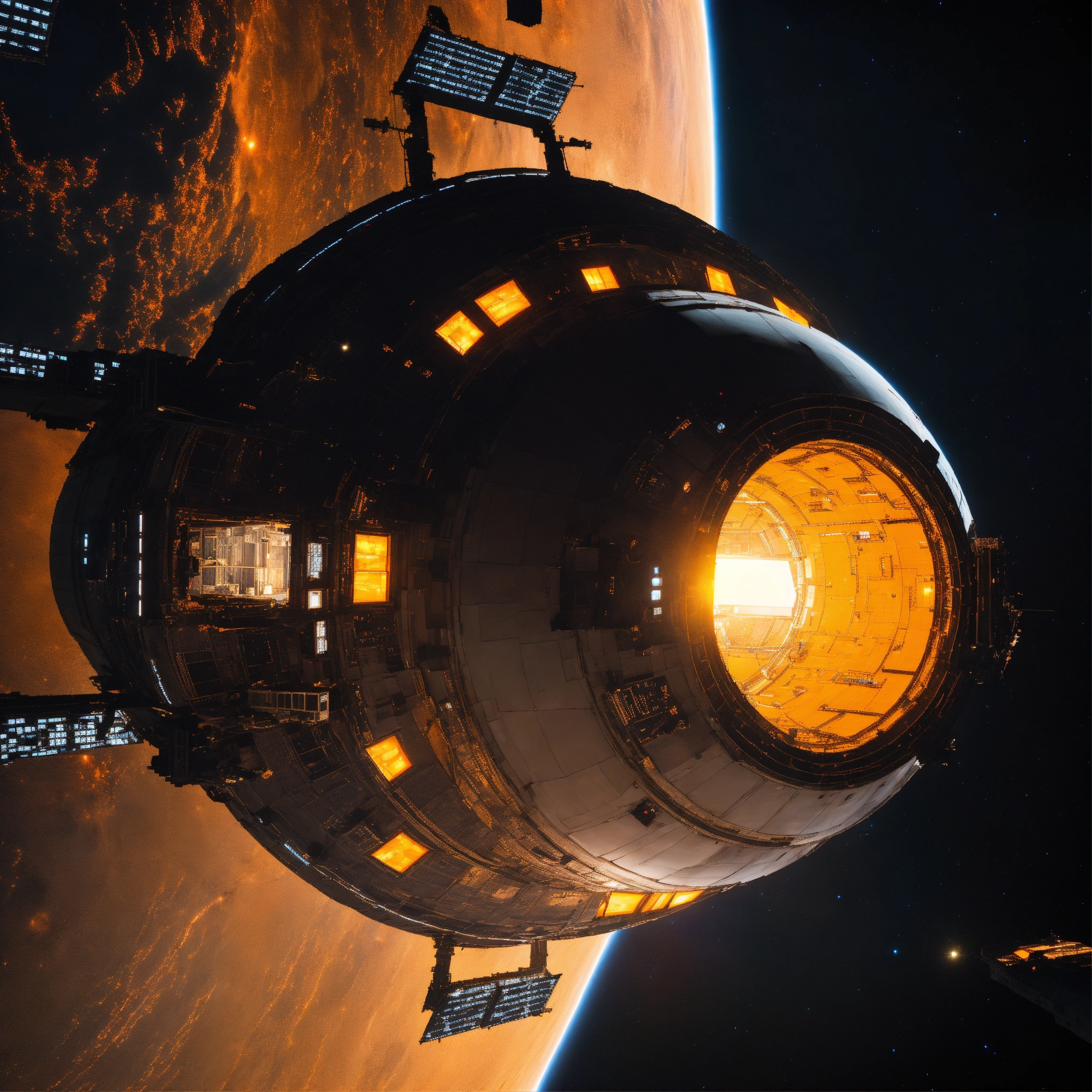 Lexica - Entire giant orange space station in dark space from top with ...