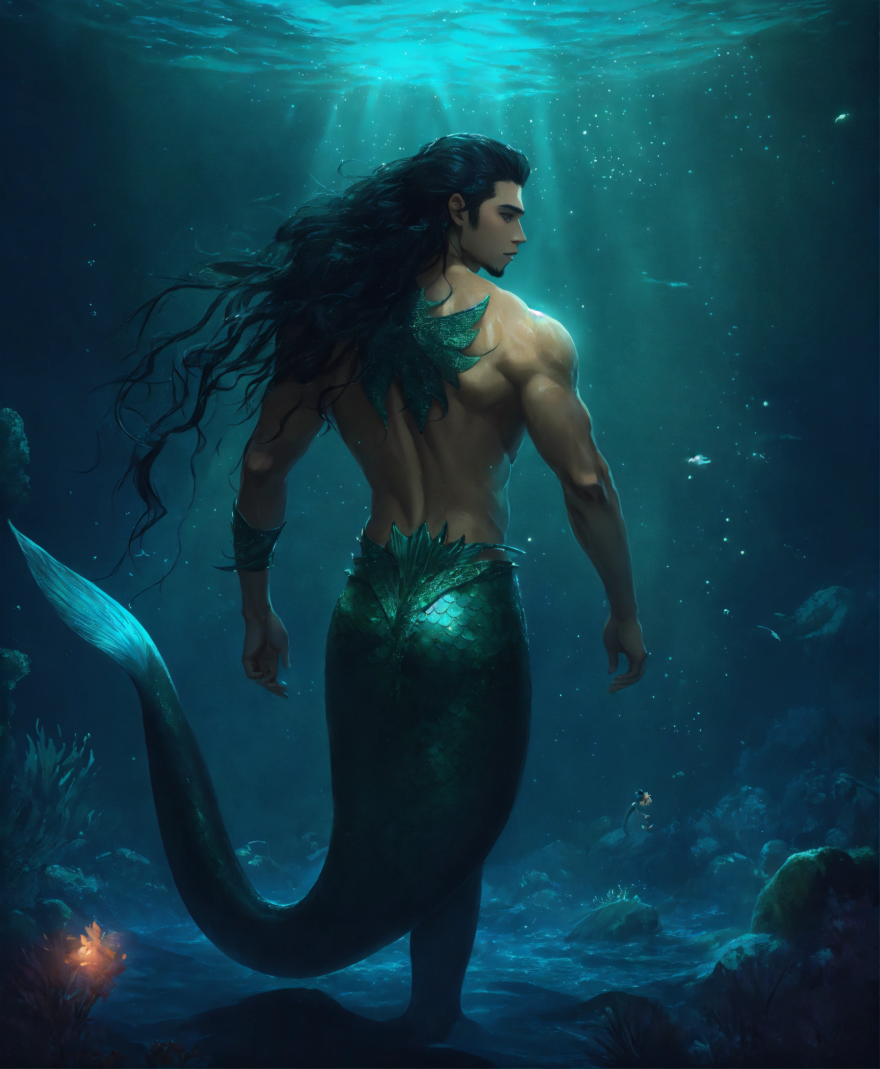Lexica - A merman from dark fantasy, light skin, long black hair in ...