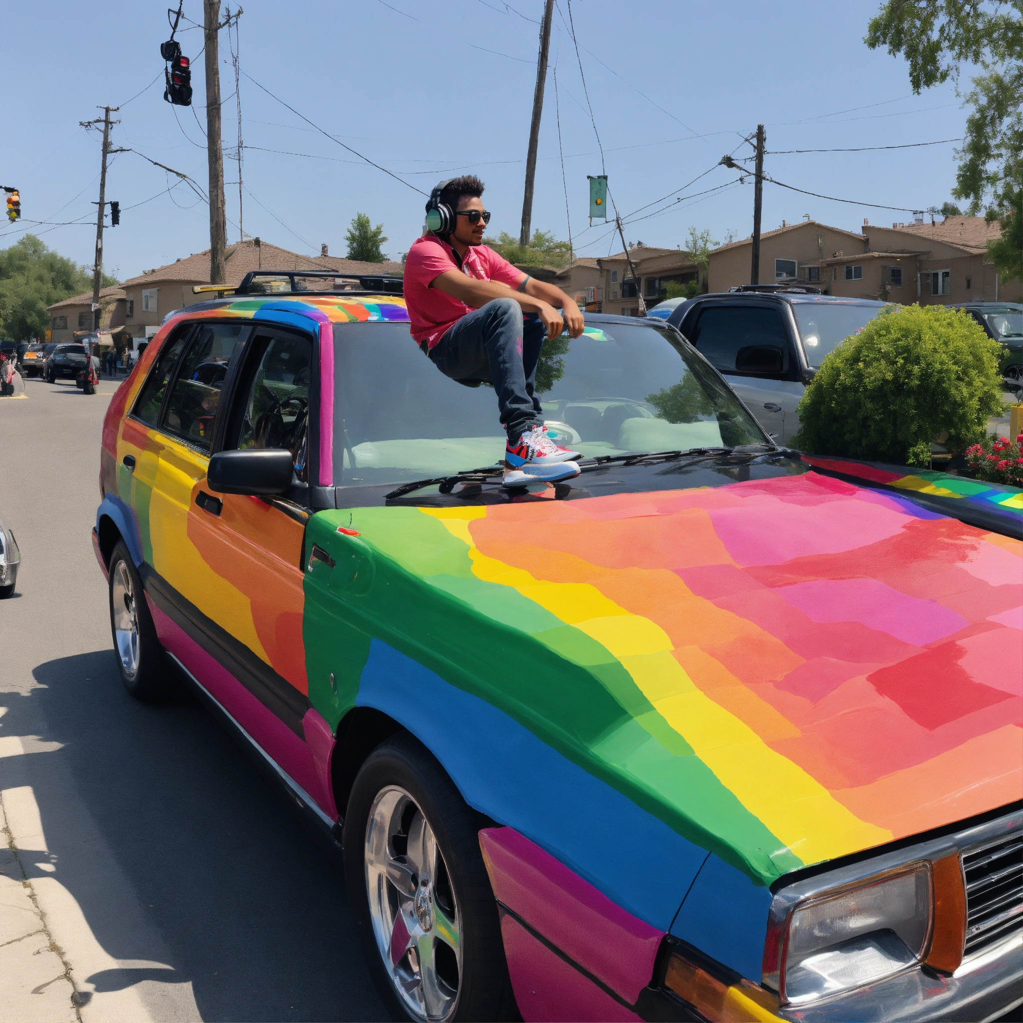 Lexica - A picture of a gay dj riding on a car painted in the colors of ...