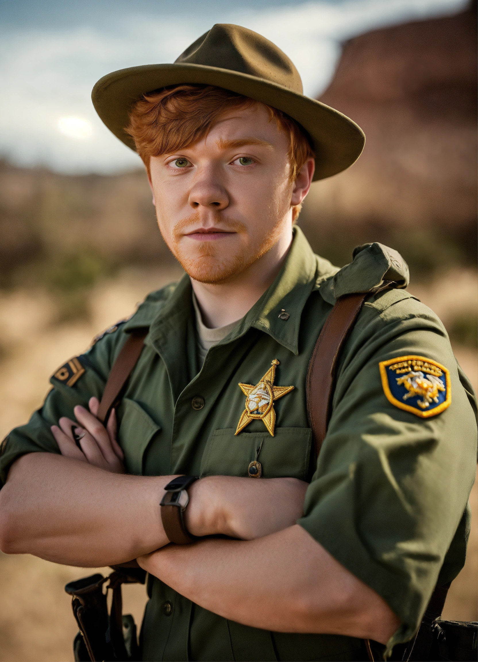 Lexica - Scared man, US PARK RANGER, FRONT VIEW, casual clothes, arms ...