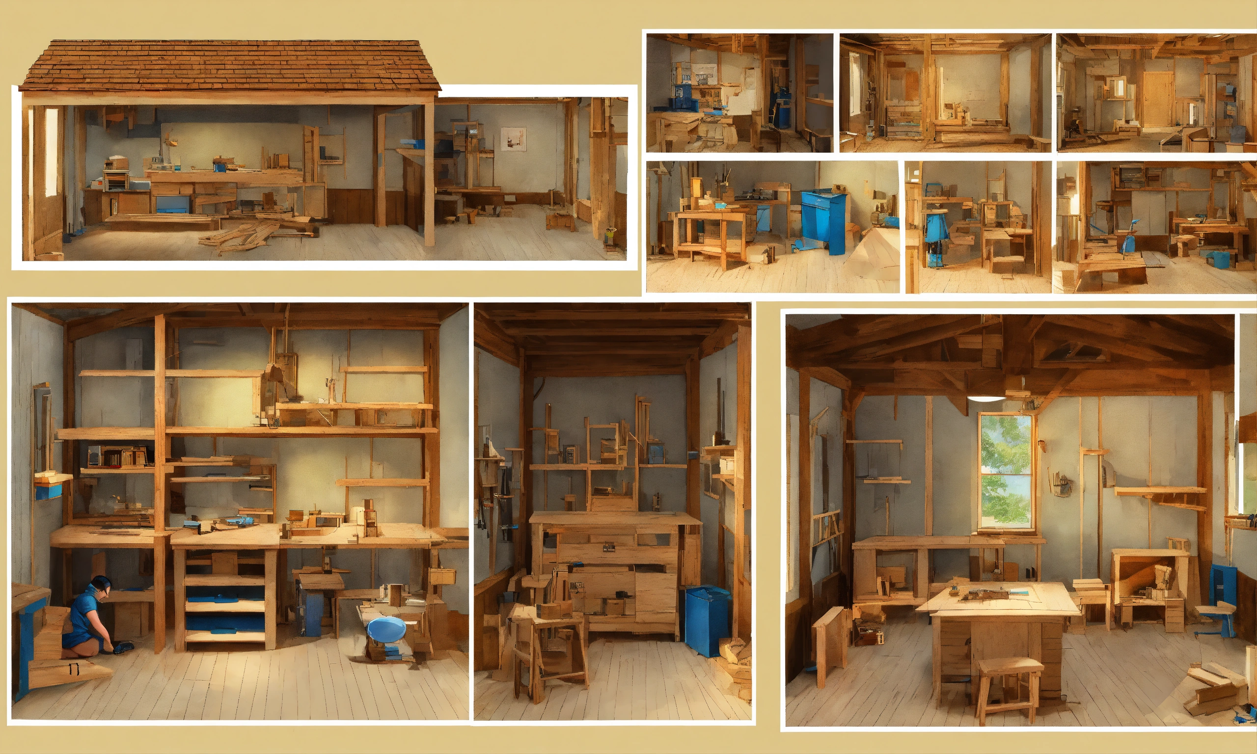 Lexica - Page from I Spy book, carpentry workshop, orthographic, isometric