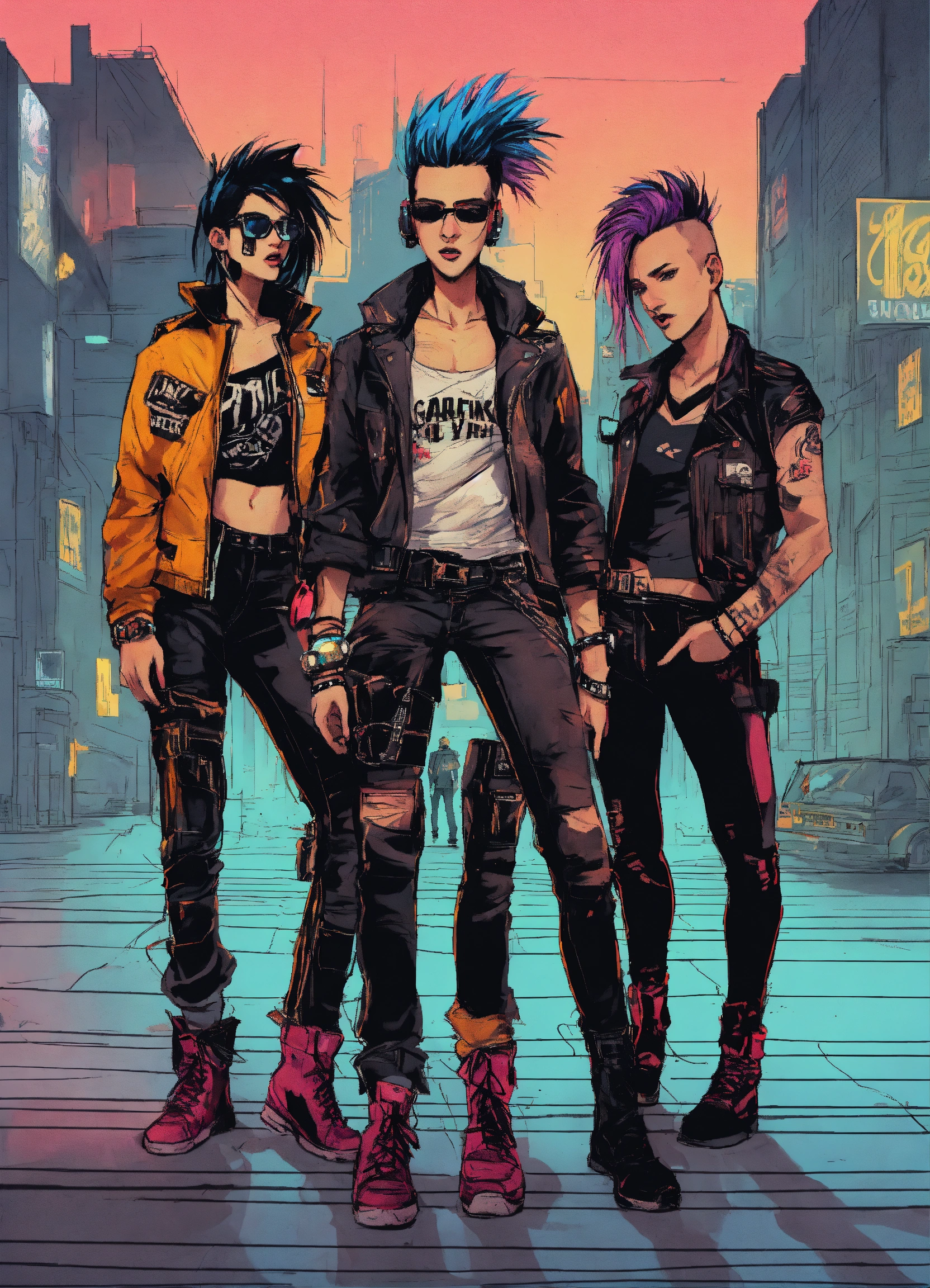 Lexica - Three cyberpunks two men and one woman, wearing t-shirts ...