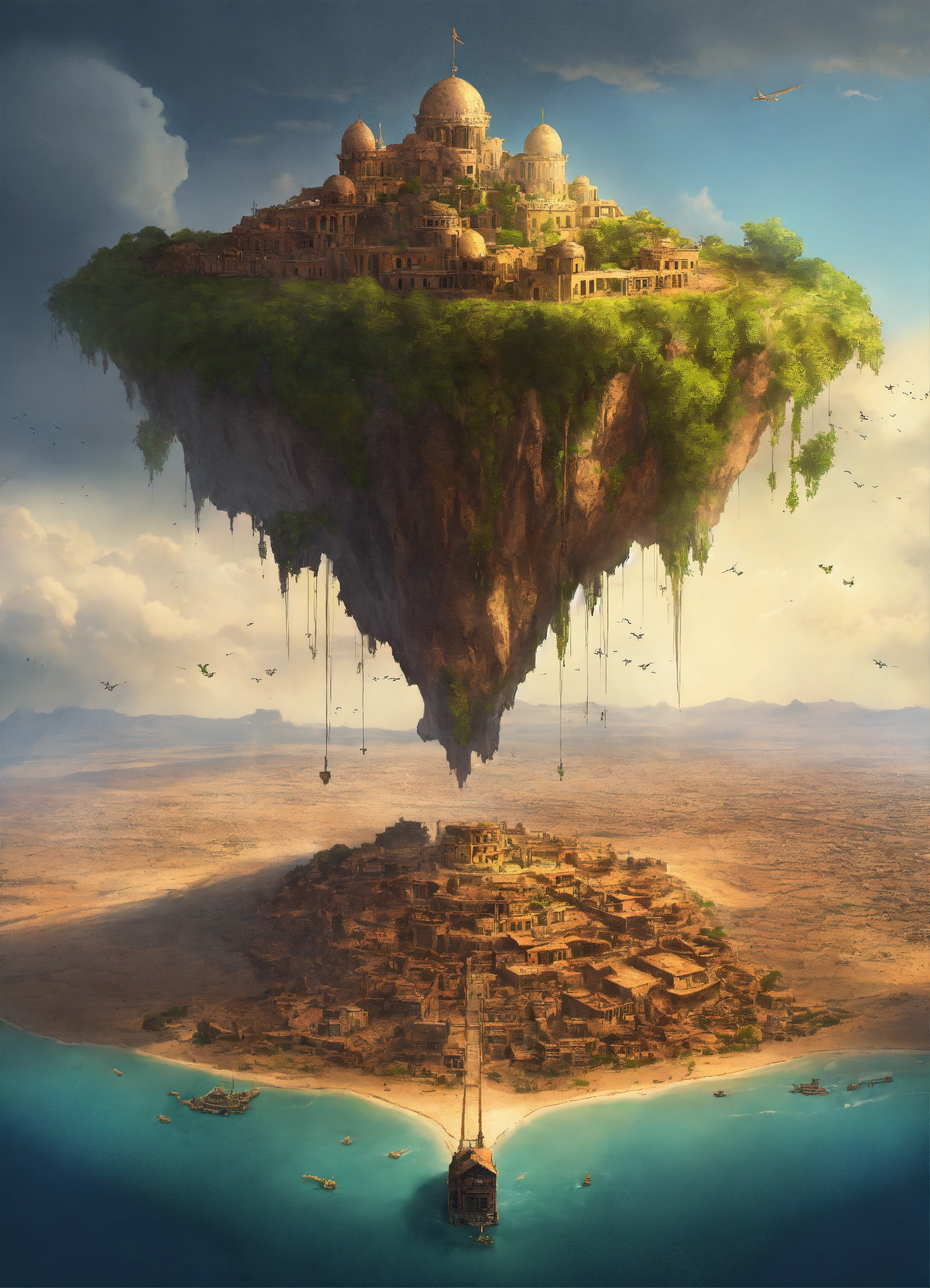 Lexica - A flying island with a city on top in the middle of the desert ...