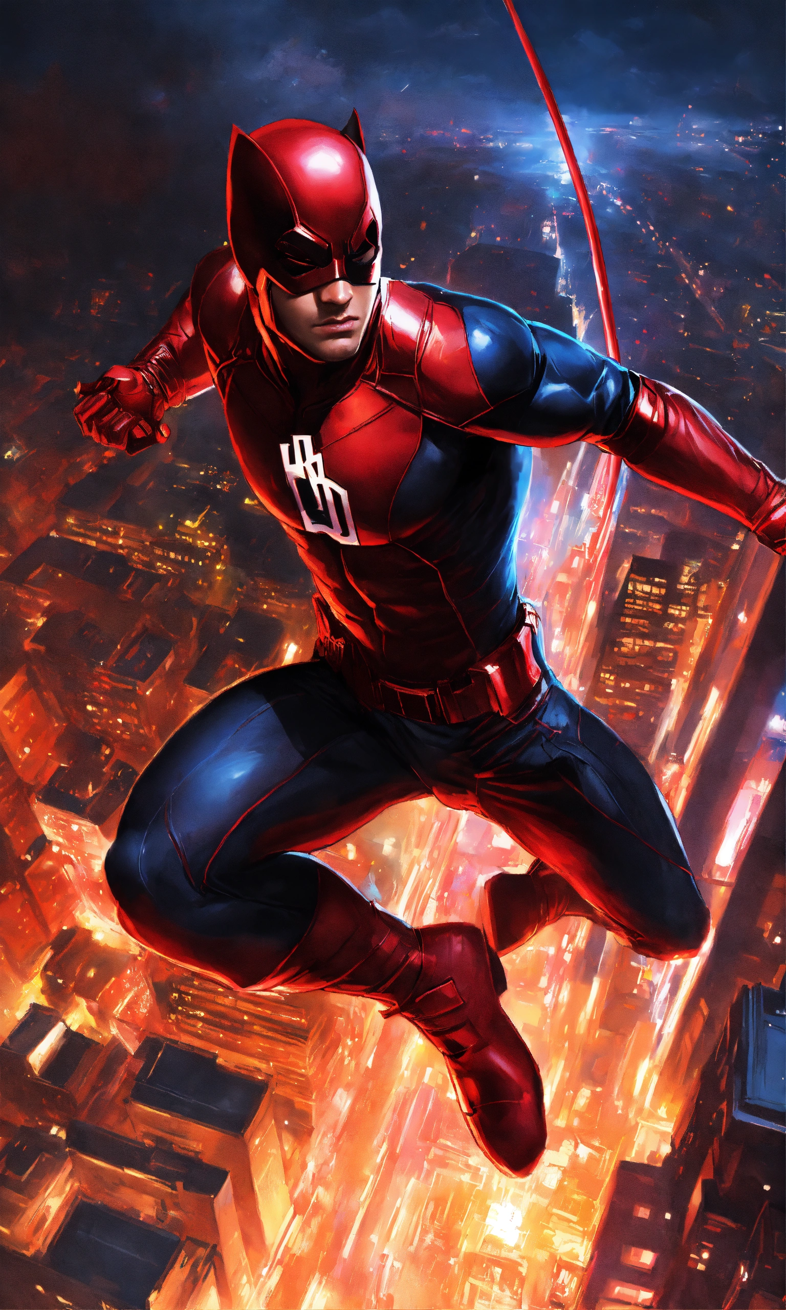 Lexica Daredevil, flying through night sky, holding red sticks