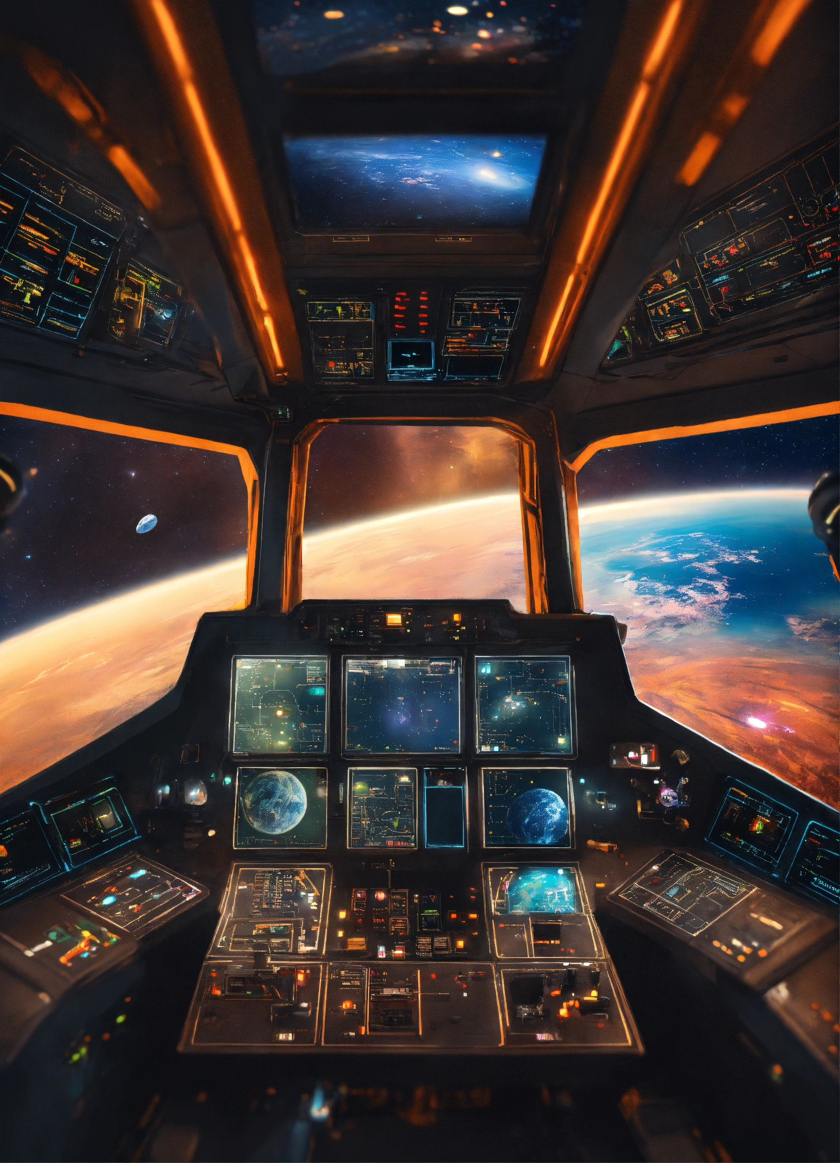 Lexica - Spaceship, control panel. Realistic space view