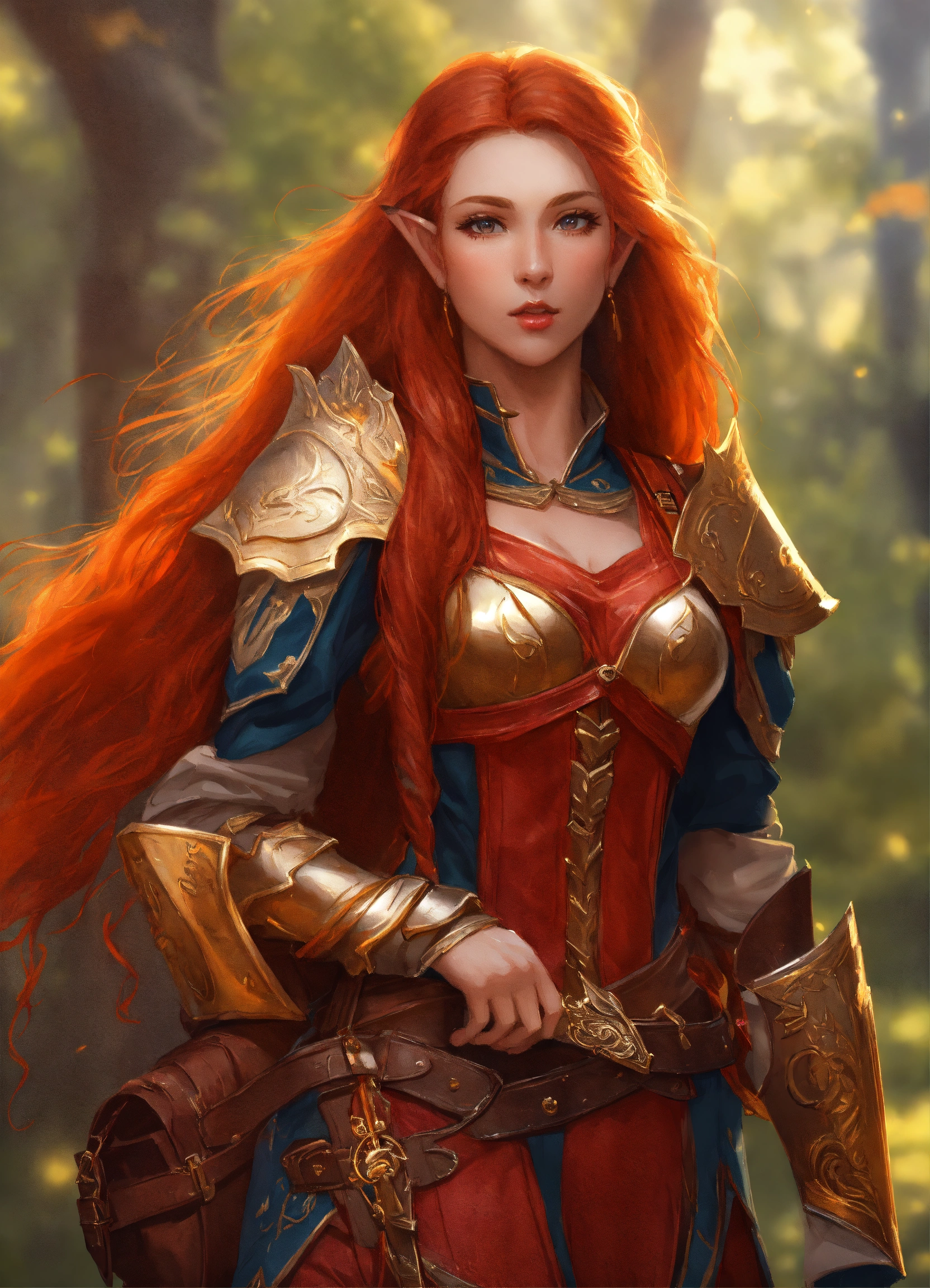 Lexica - Beautiful bard female elf, long red hair, royal, leather armor ...