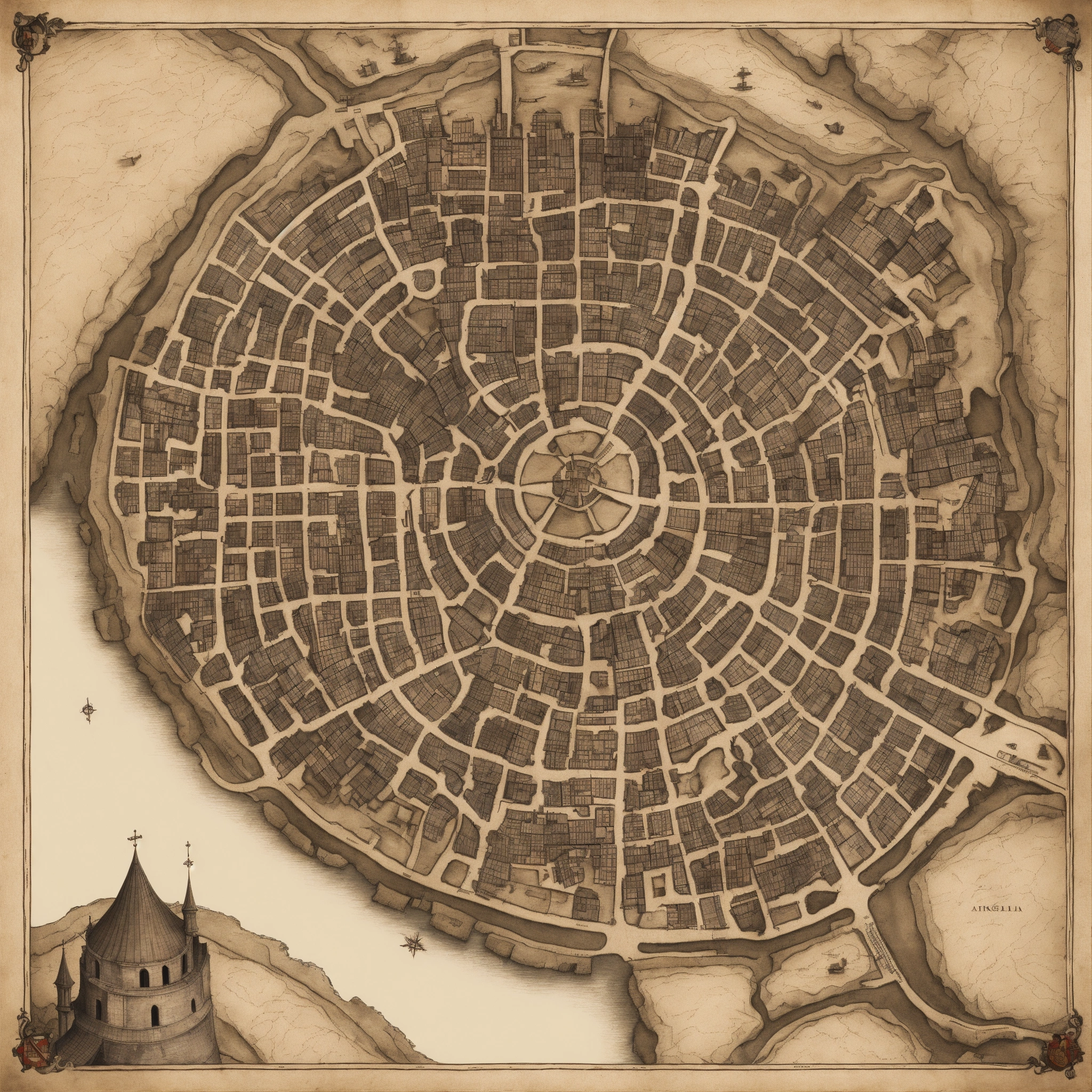 Lexica - Inked map of a medieval massive city. top-down view