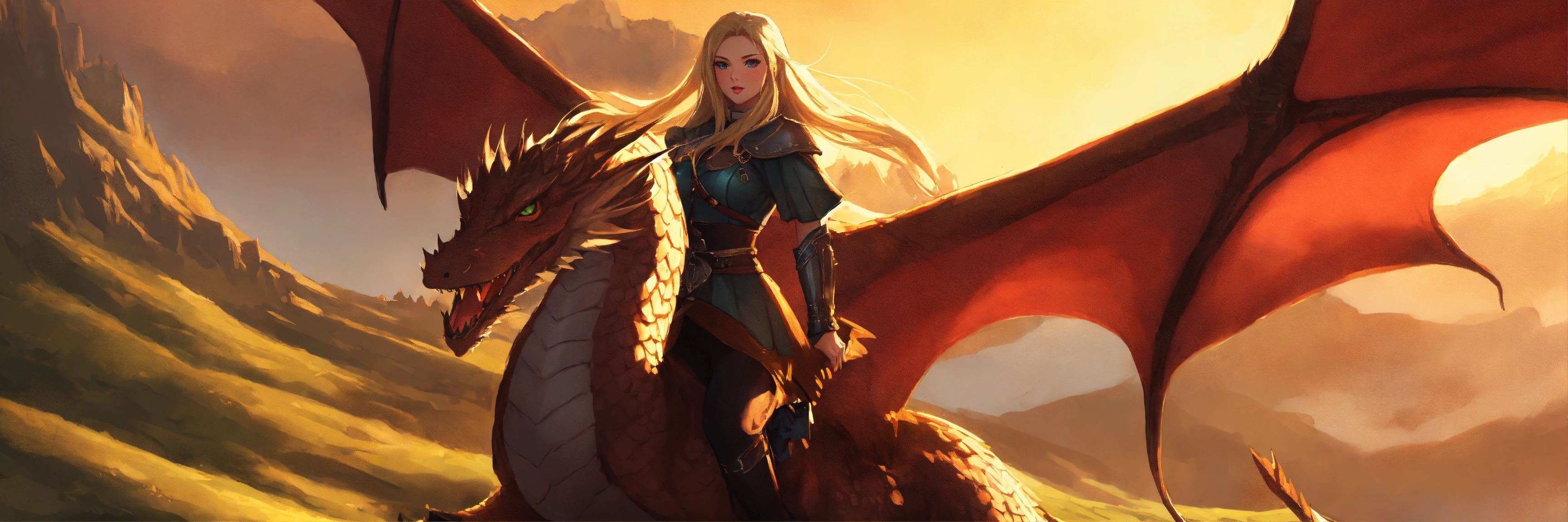 Lexica - Female in cloack, 38D cup, long blonde hair, riding a dragon