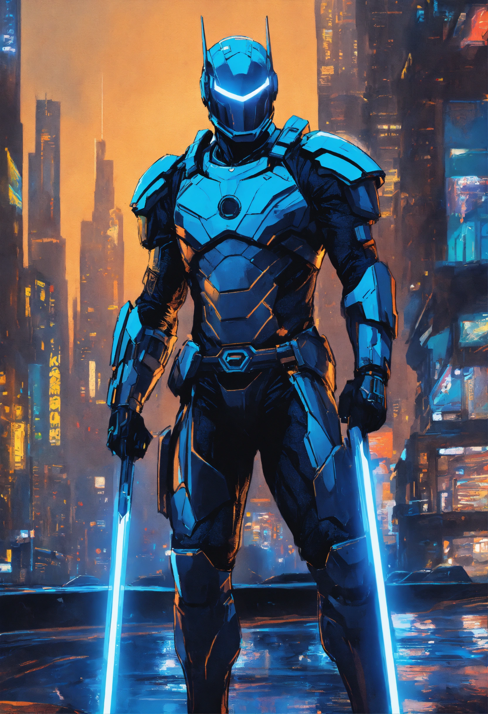 Lexica - Futuristic superhero, wearing a sleek suit of armor, neon blue ...