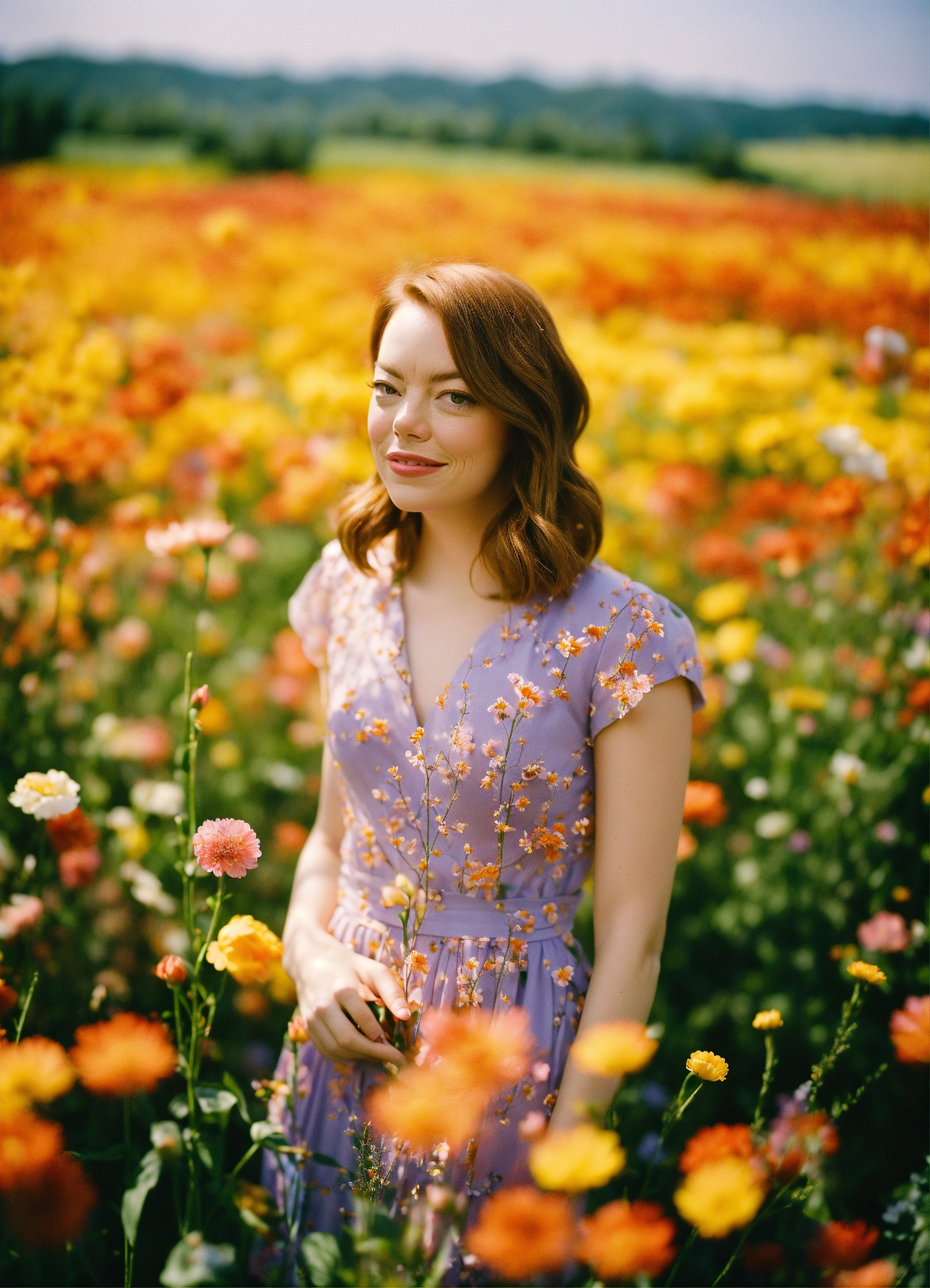 Lexica - Happy Emma Stone standing in a beautiful field of flowers