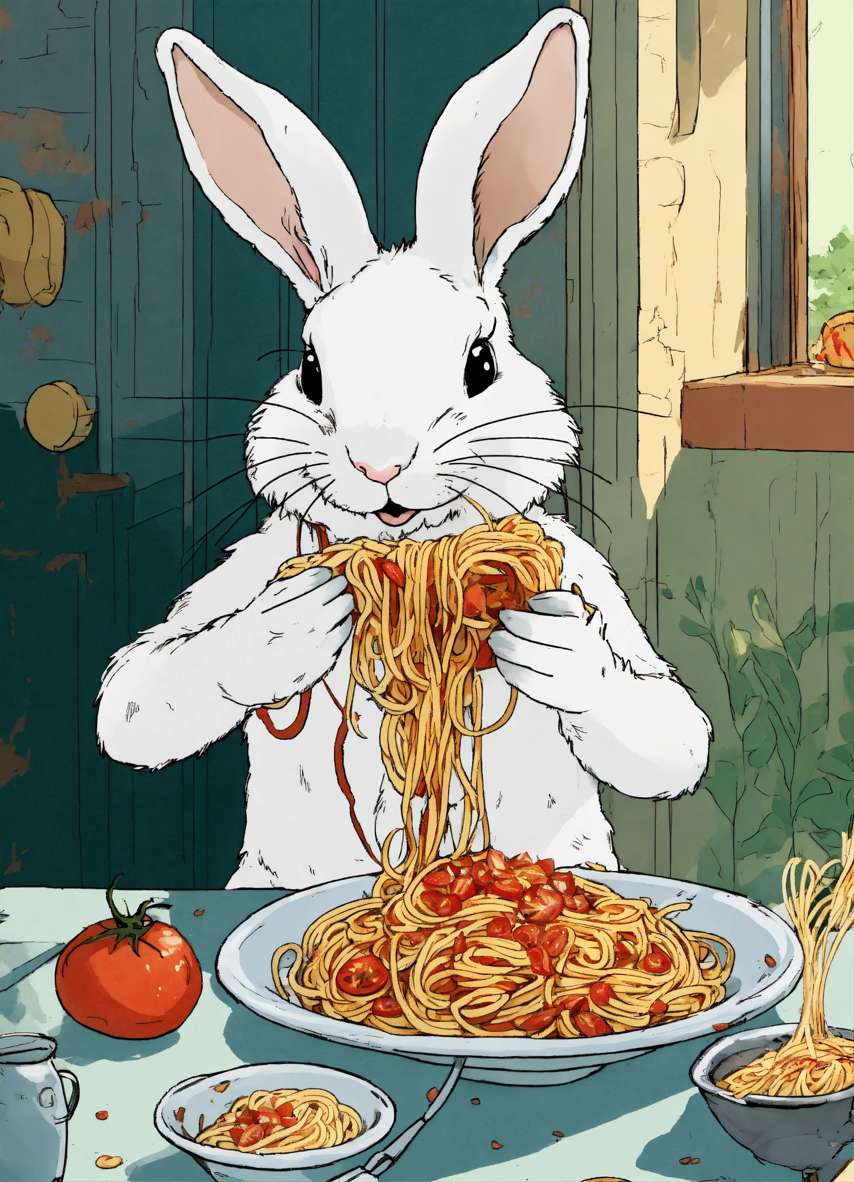 Lexica - A cute white with brown spots rabbit eating messy spaghetti ...