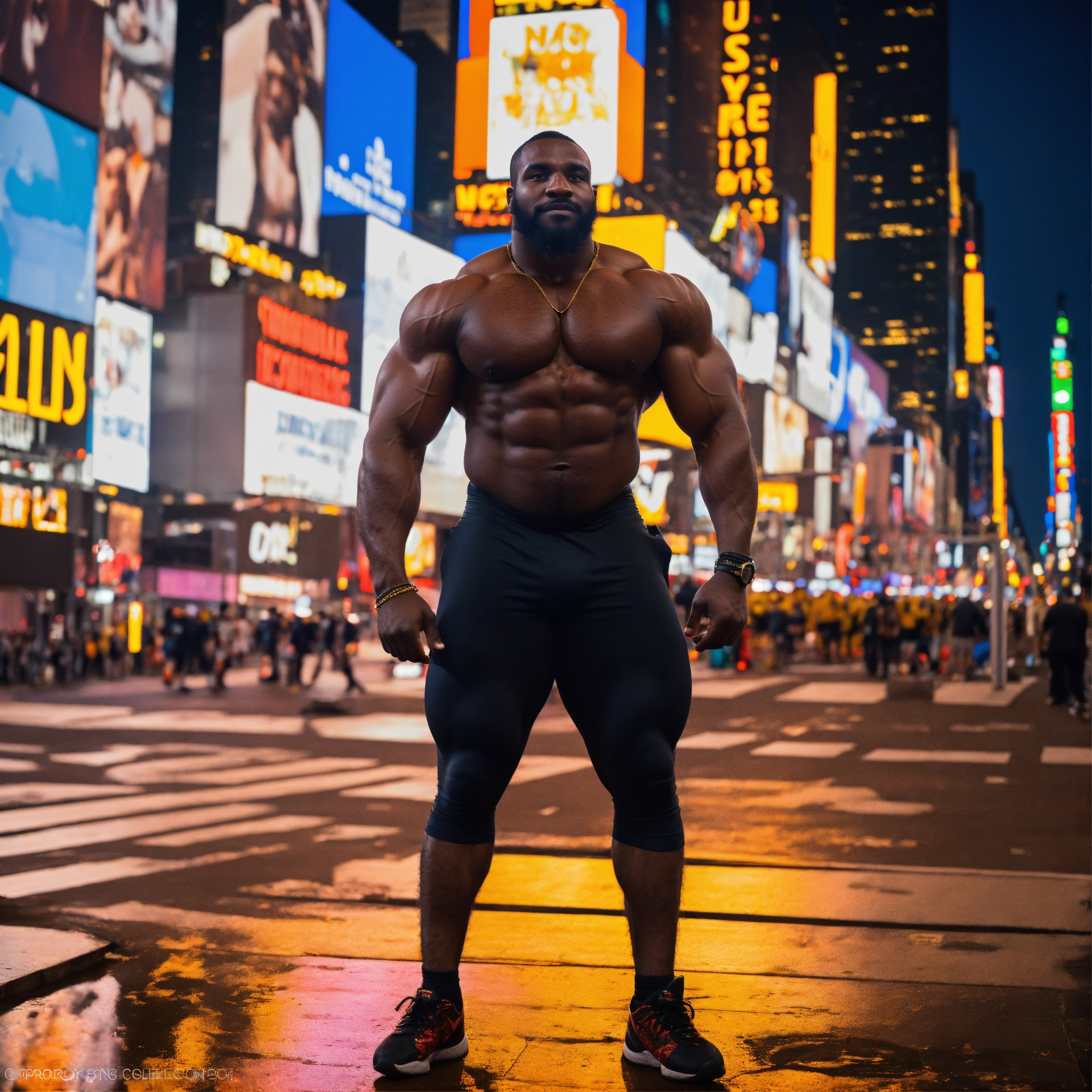 Lexica - 30-year-old hairy Kenyan man with big muscles, big bodybuilder,  body like a wrestler, in Times Square at night