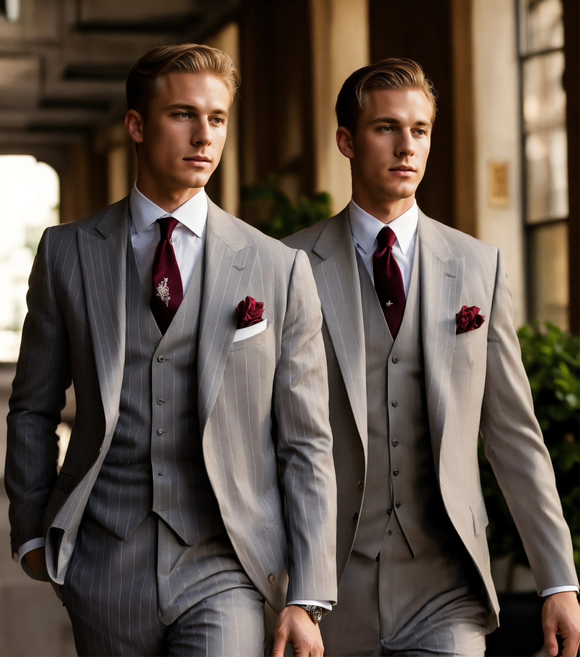 Lexica - Two Young Blonde Gentlemen In Light Grey Pinstripe Vested Suit ...