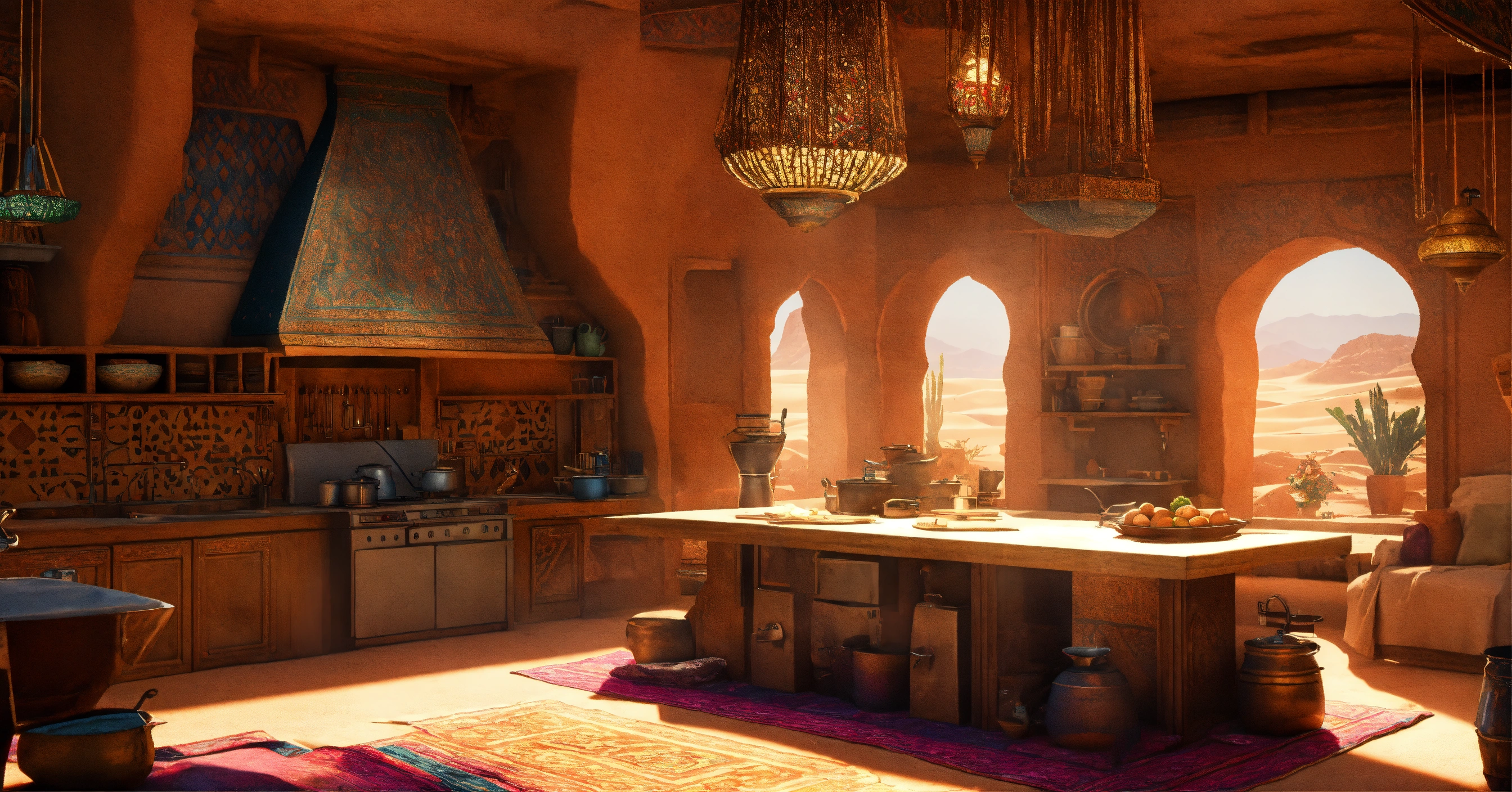 Lexica - Concept art of a large desert home kitchen, jakku, desert, hut ...