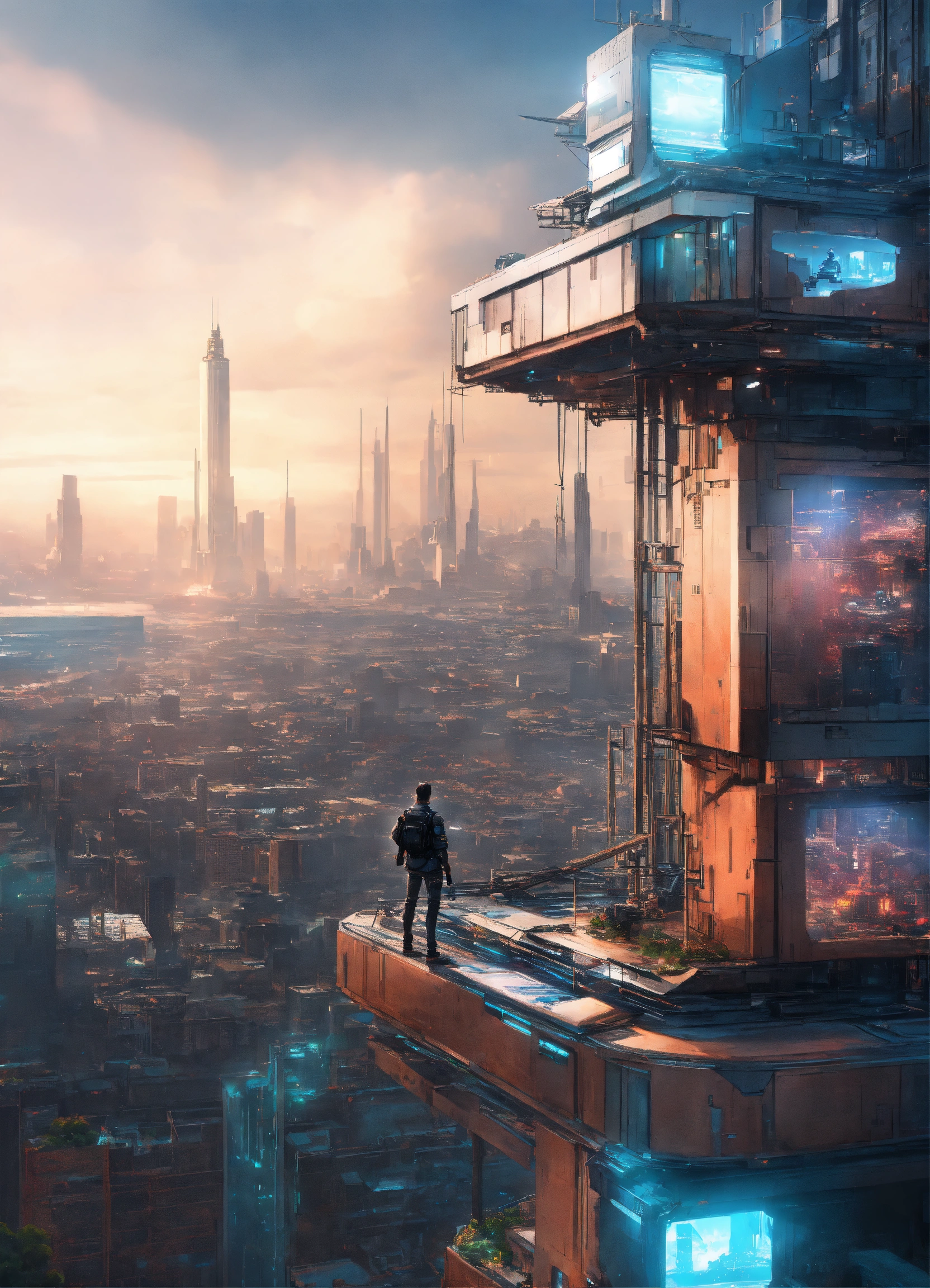 Lexica - Person standing on top of a building in a futuristic city that ...