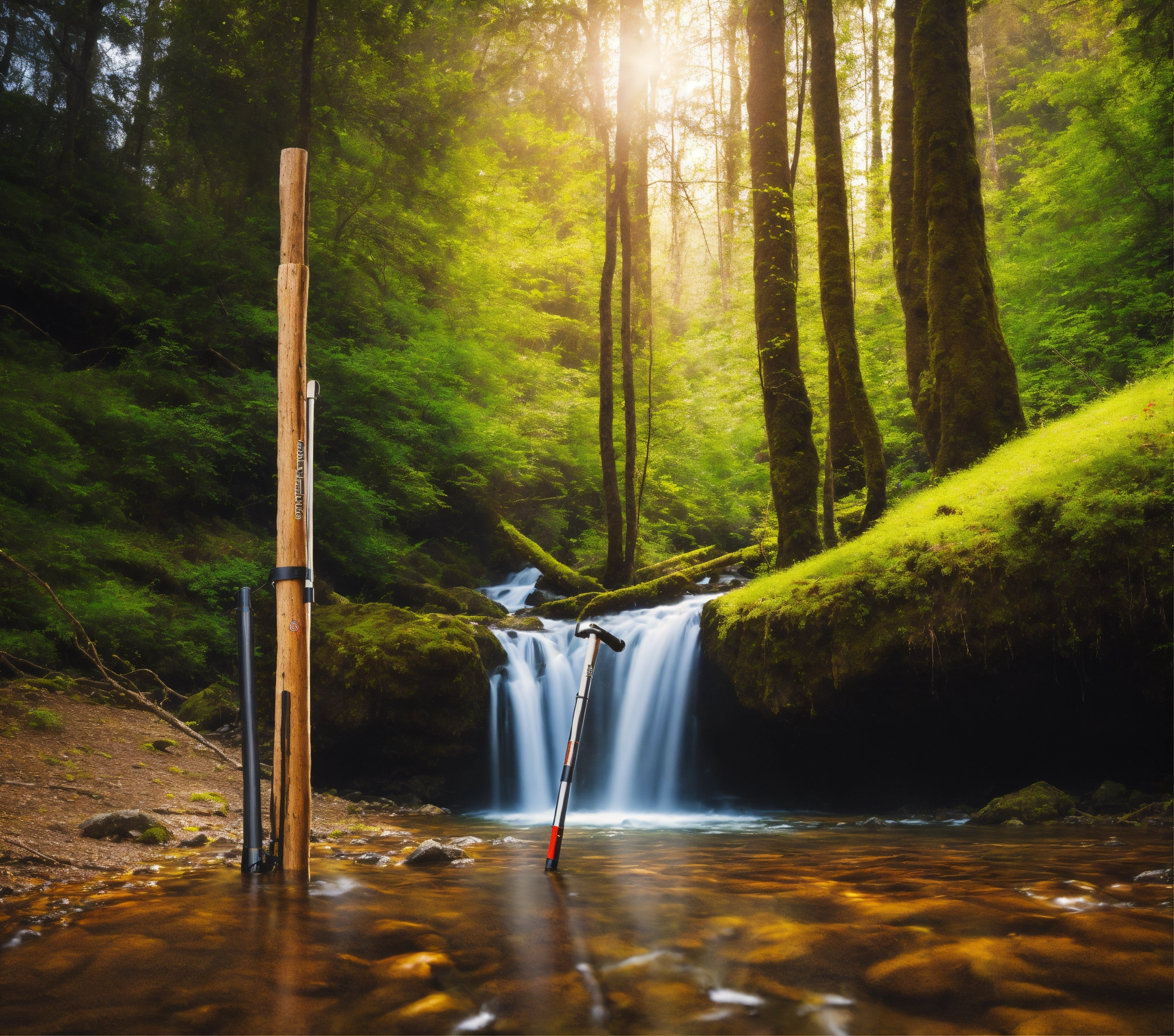 Lexica Two Diagonal Intersecting Hiking Stick In Front Of A Pibe Forrest Scene Creek With