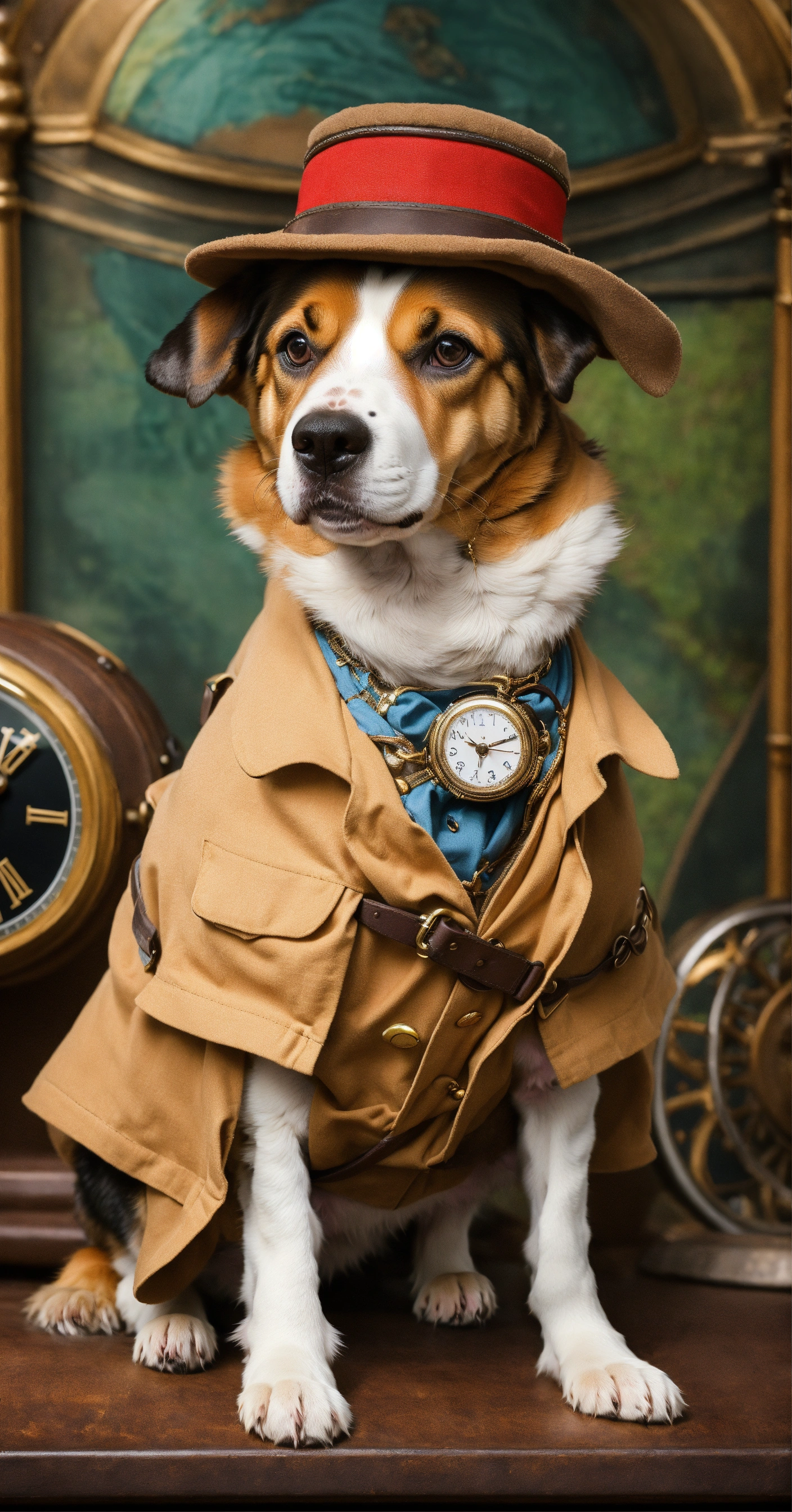 Lexica - Create an image of a dog dressed as a time-traveling explorer ...