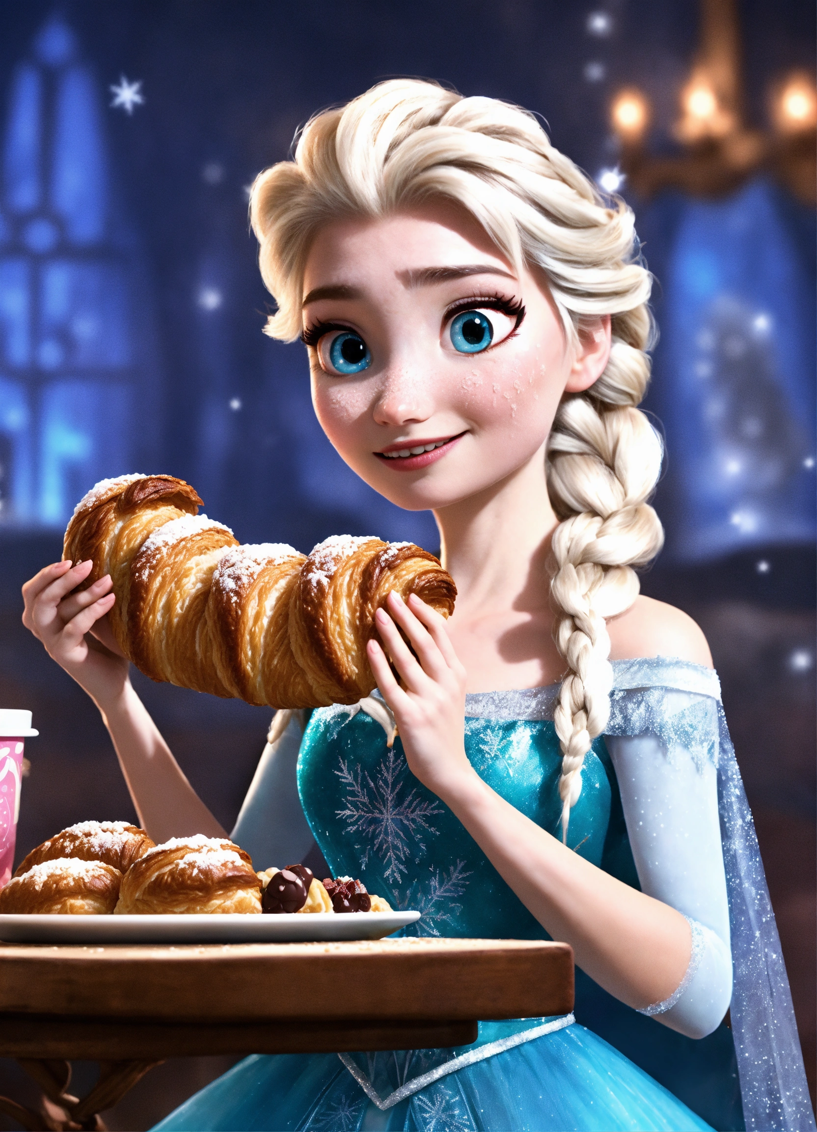 Lexica - Elsa eating a chocolate croissant from the disney movie frozen