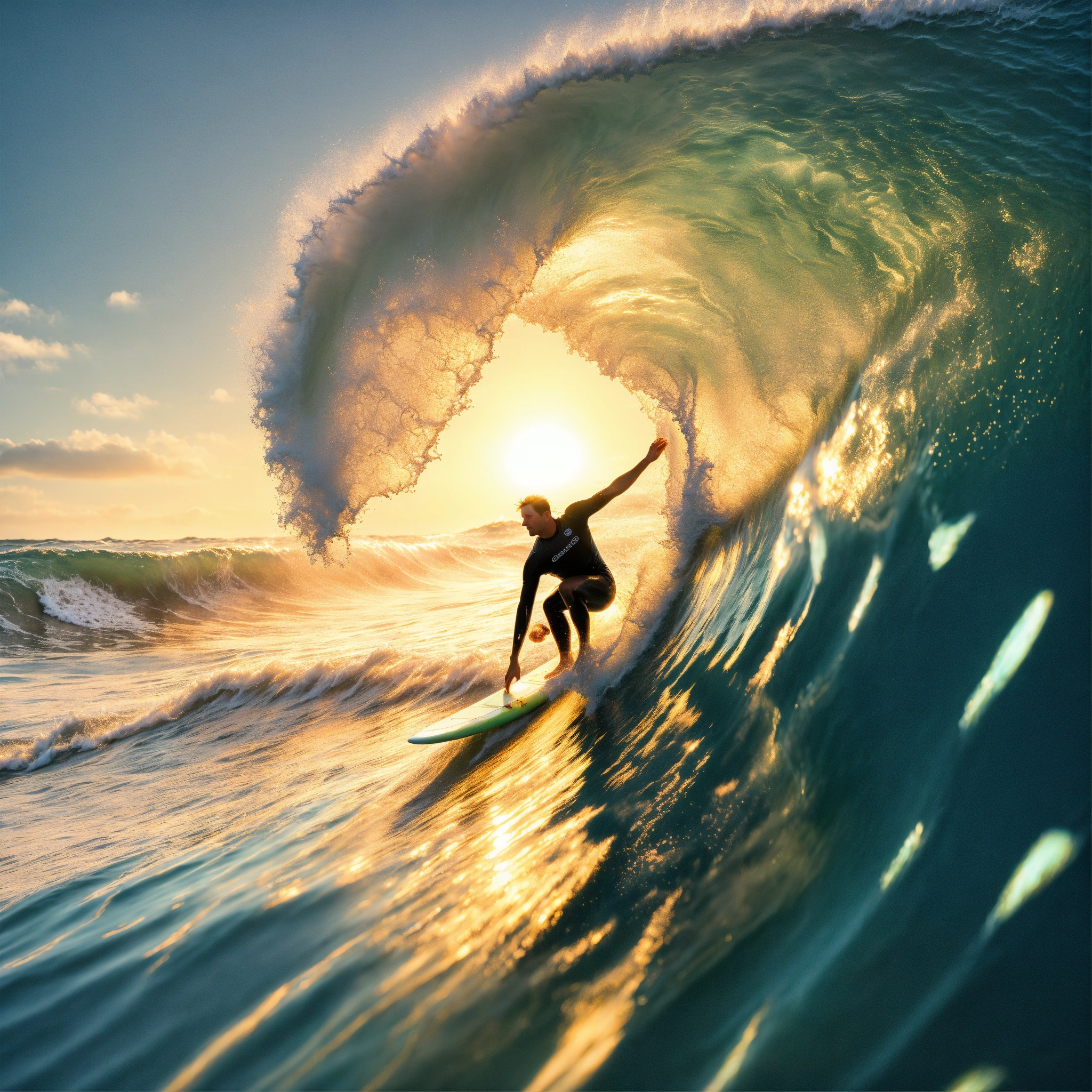 Lexica - A hyperrealistic image of a surfer riding a tsunami. There is ...
