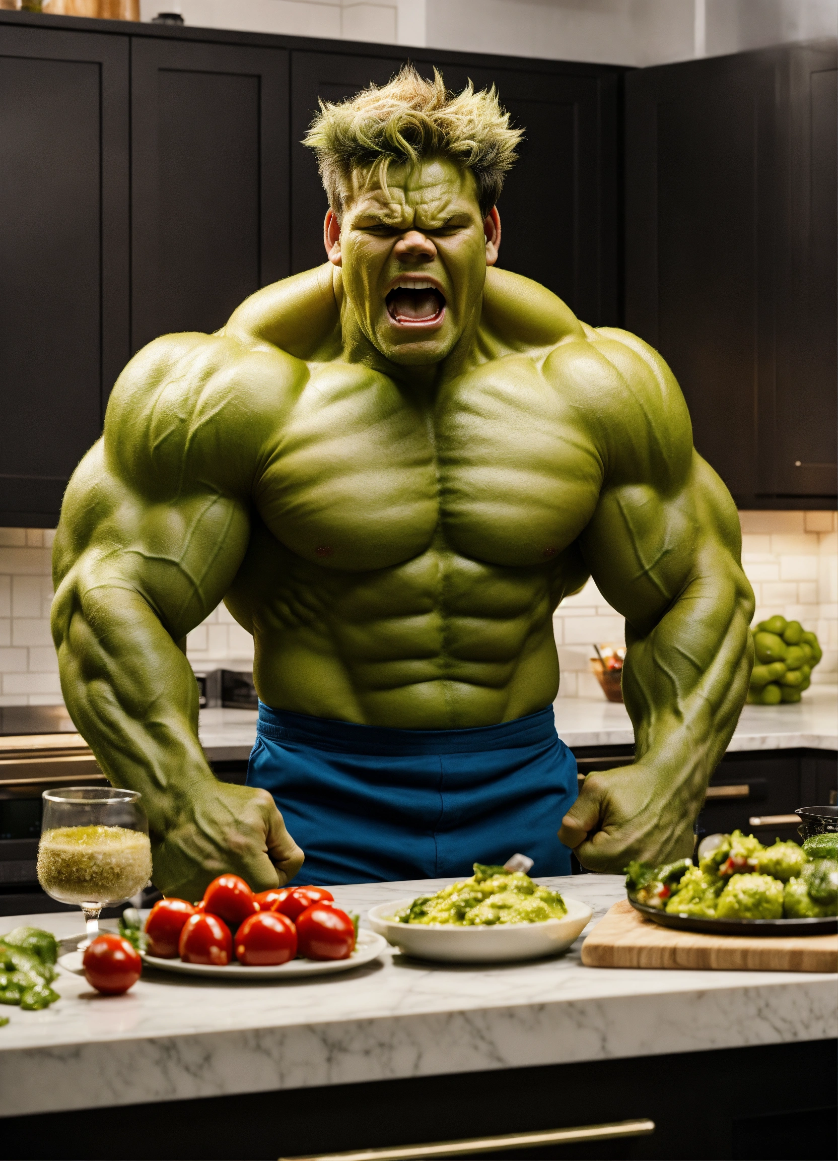 Lexica - Gordon ramsay screaming at hulk in a kitchen