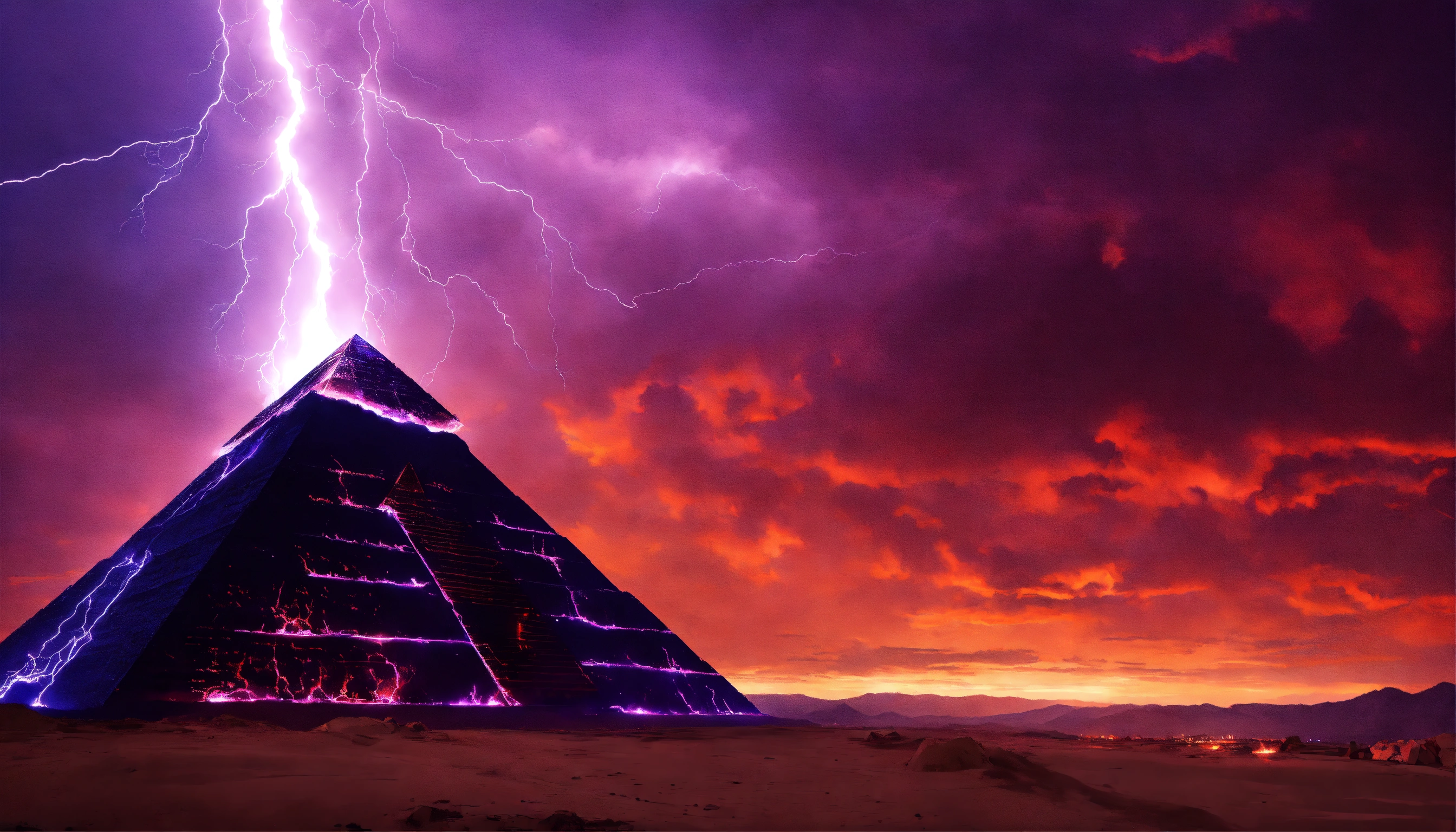Lexica - A pyramid struck by lightning, purple and orange and red skies ...