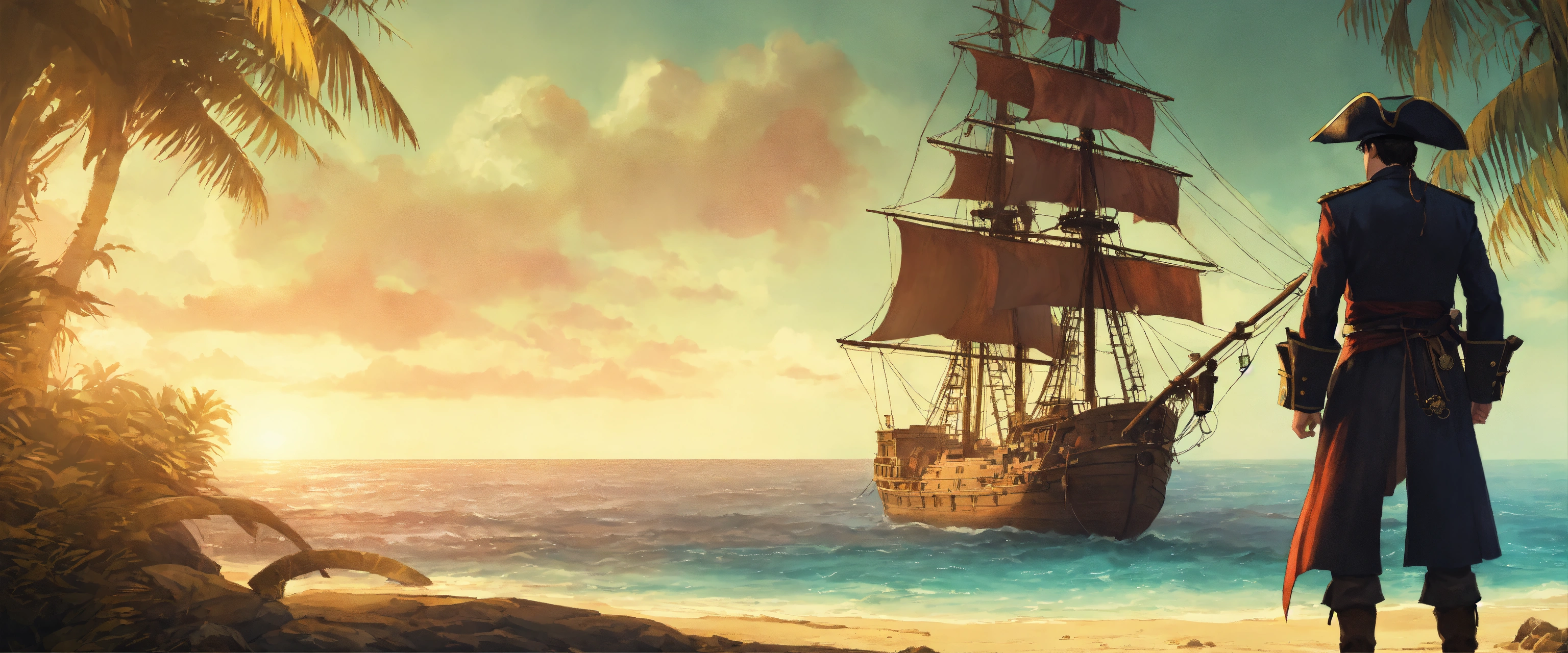Lexica - Back view of Pirate captain stands on a tropical island ...