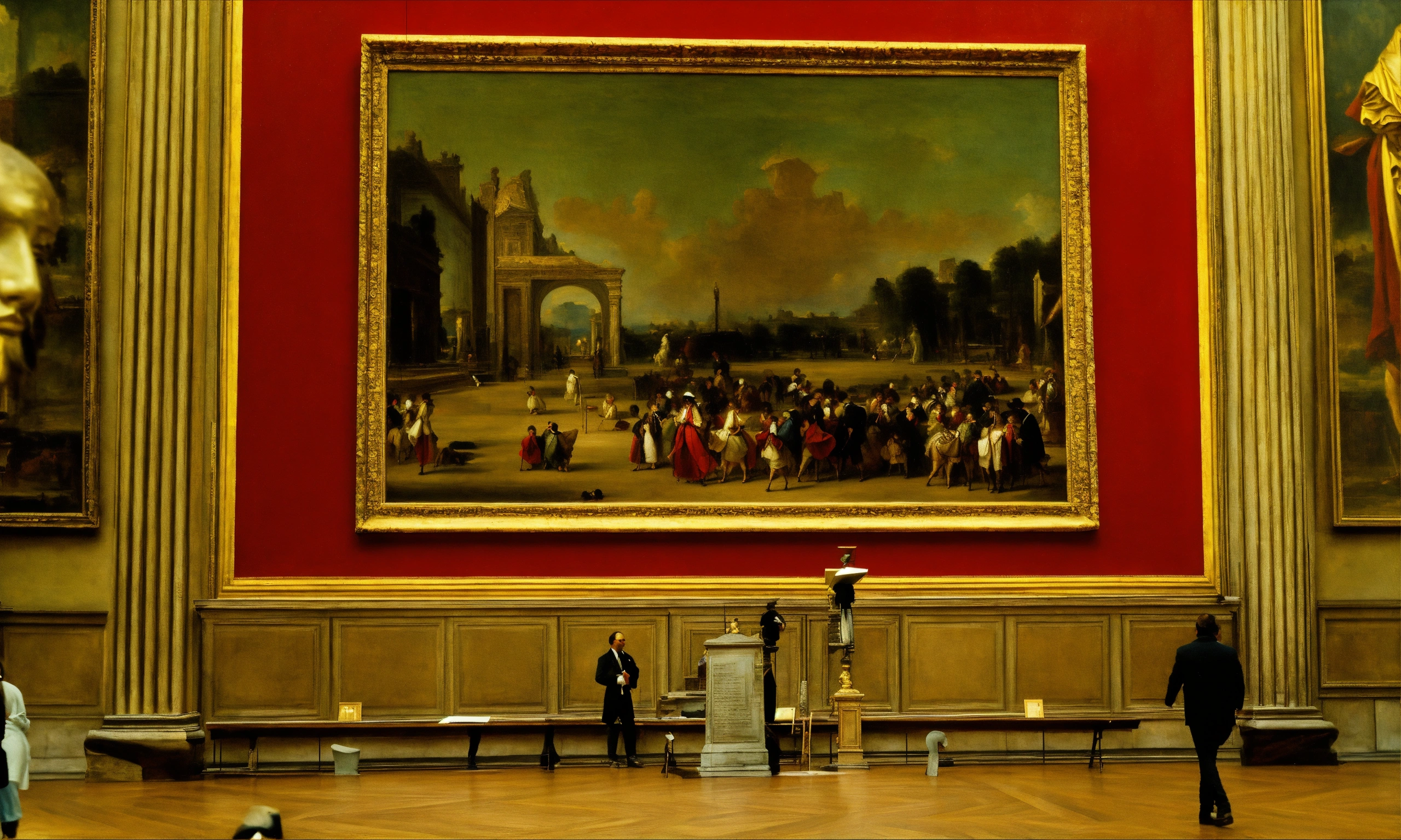 Lexica - Large room at the louvre with massive square painting on the wall.