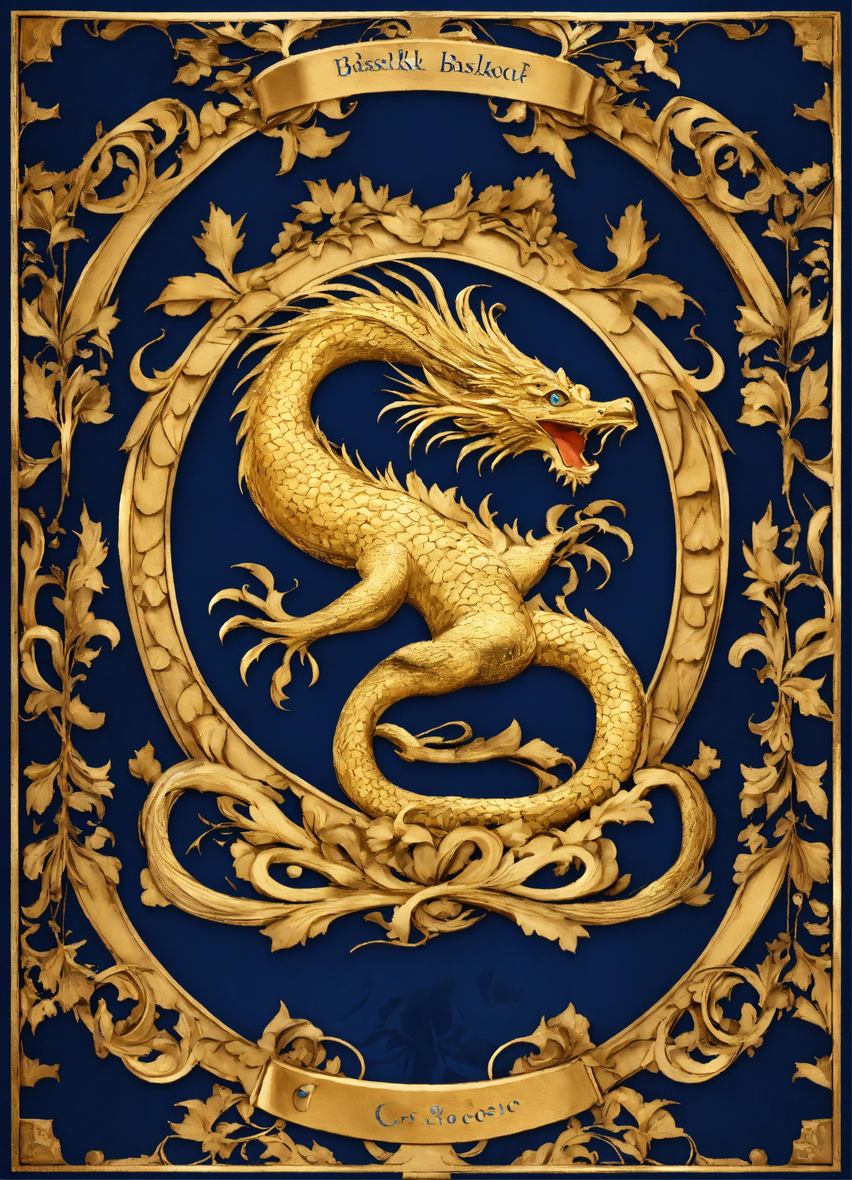Lexica - Basilisk coat of arms, art nouveau, roccoco, navy blue and gold
