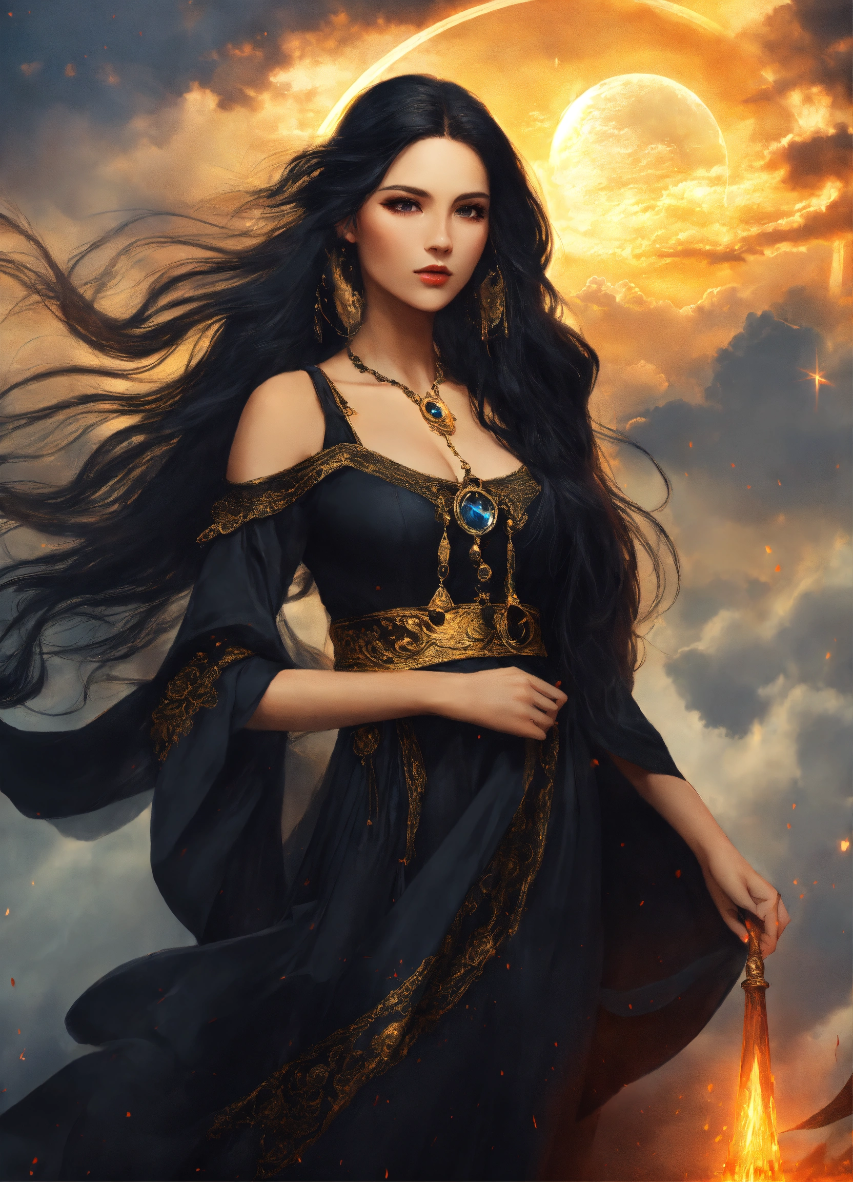 Lexica - A beautiful sorceress with long black hair dressed in a black ...