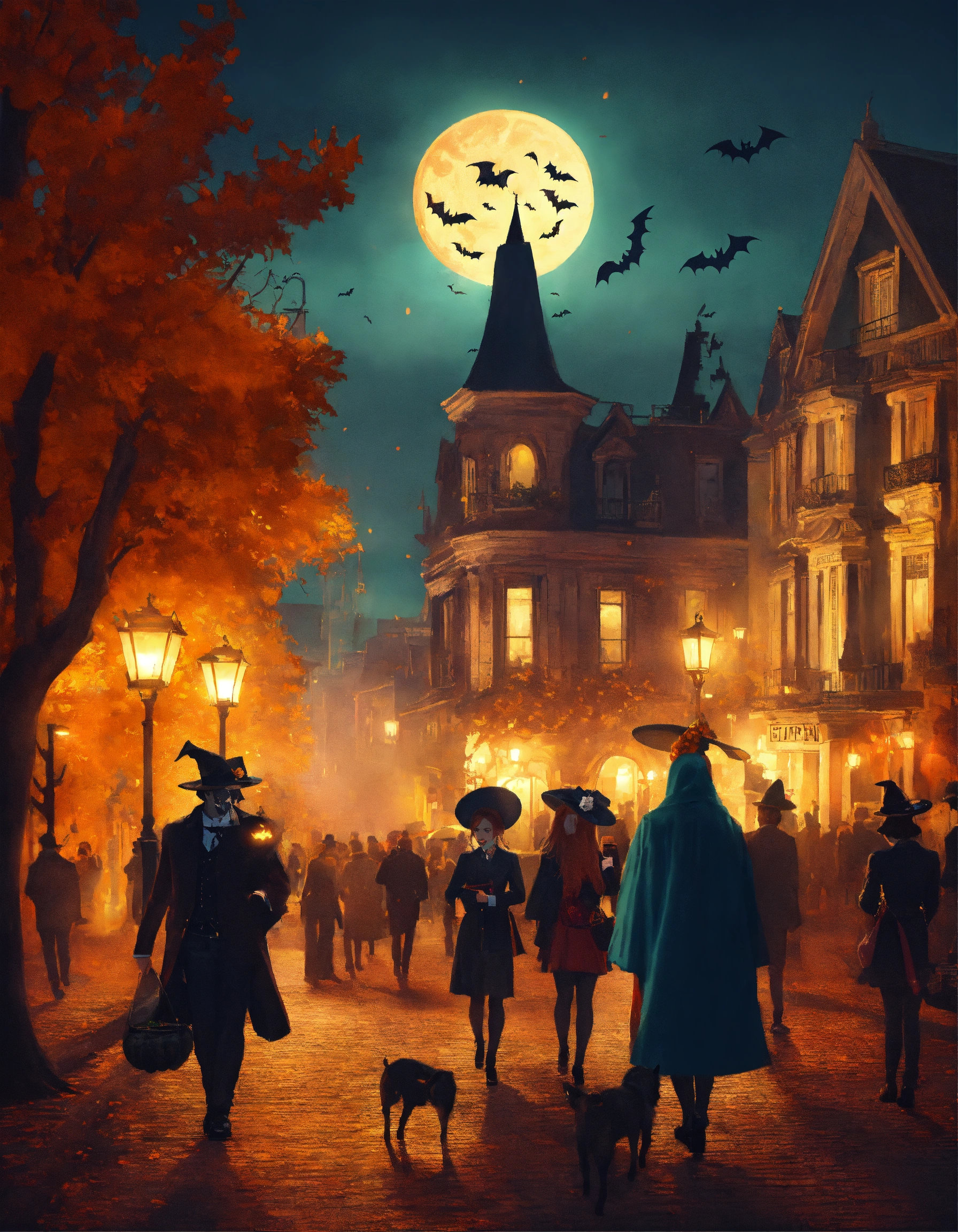 Lexica - October halloween landscape in the city, people in costumes, a ...