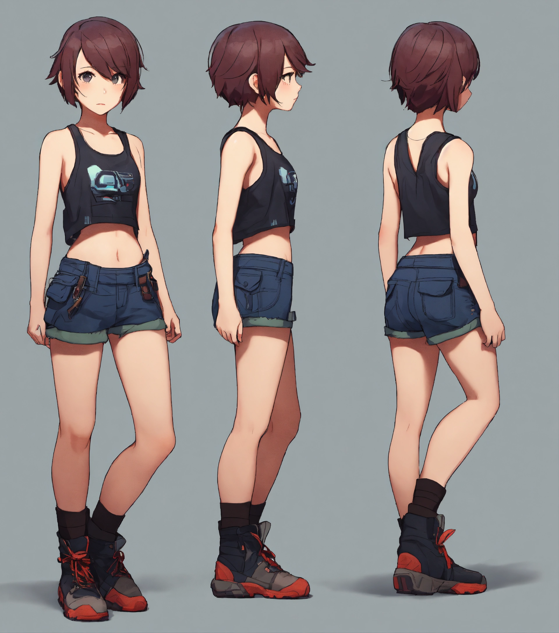 Lexica - Short haired girl wearing tank top and shorts, walking, game ...