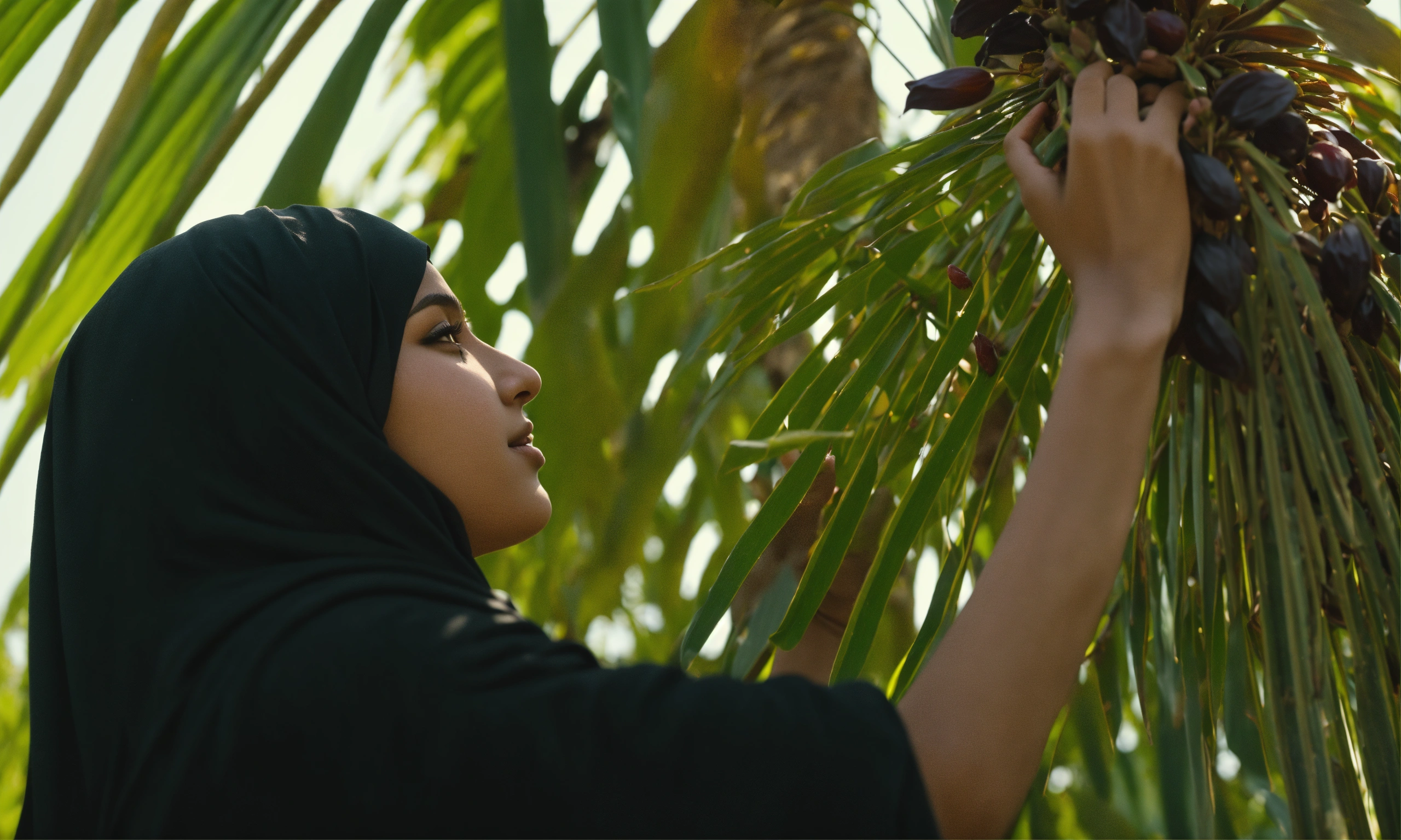 Lexica - Close up of young Saudi girl collecting date from palm tree ...