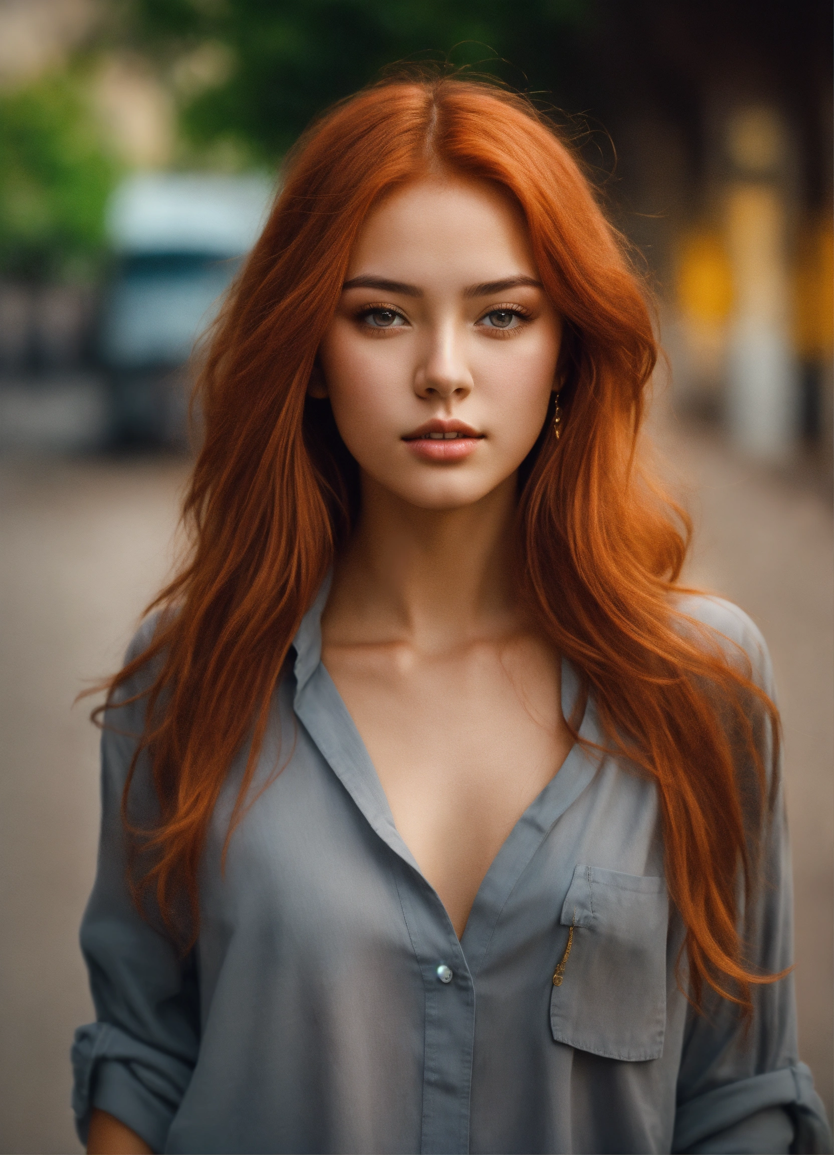 Lexica - Portrait draw beautiful girl red hair, gray eyes, open Shirt ...