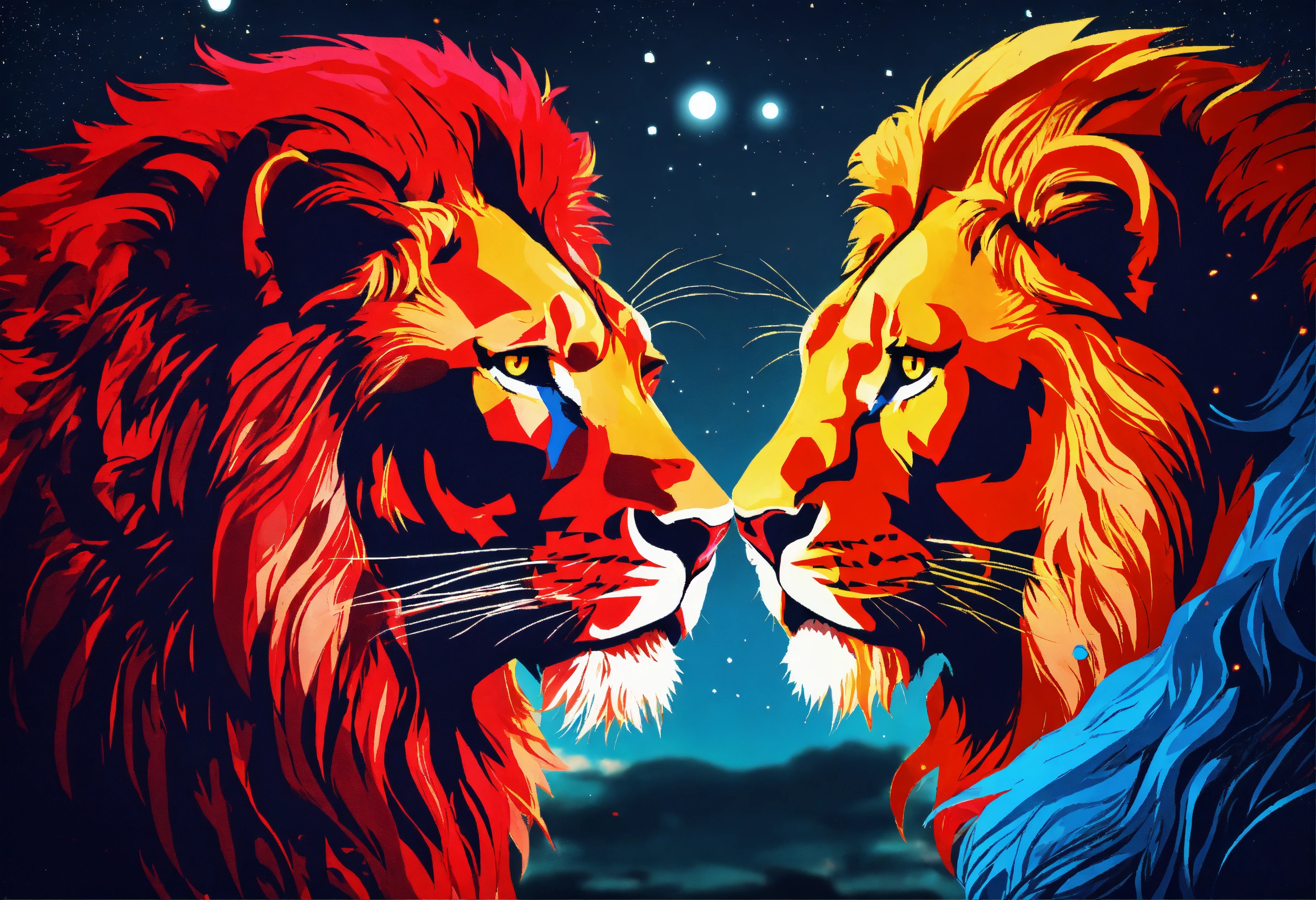 Lexica Two lions facing each other. one lion glowing rubyred at