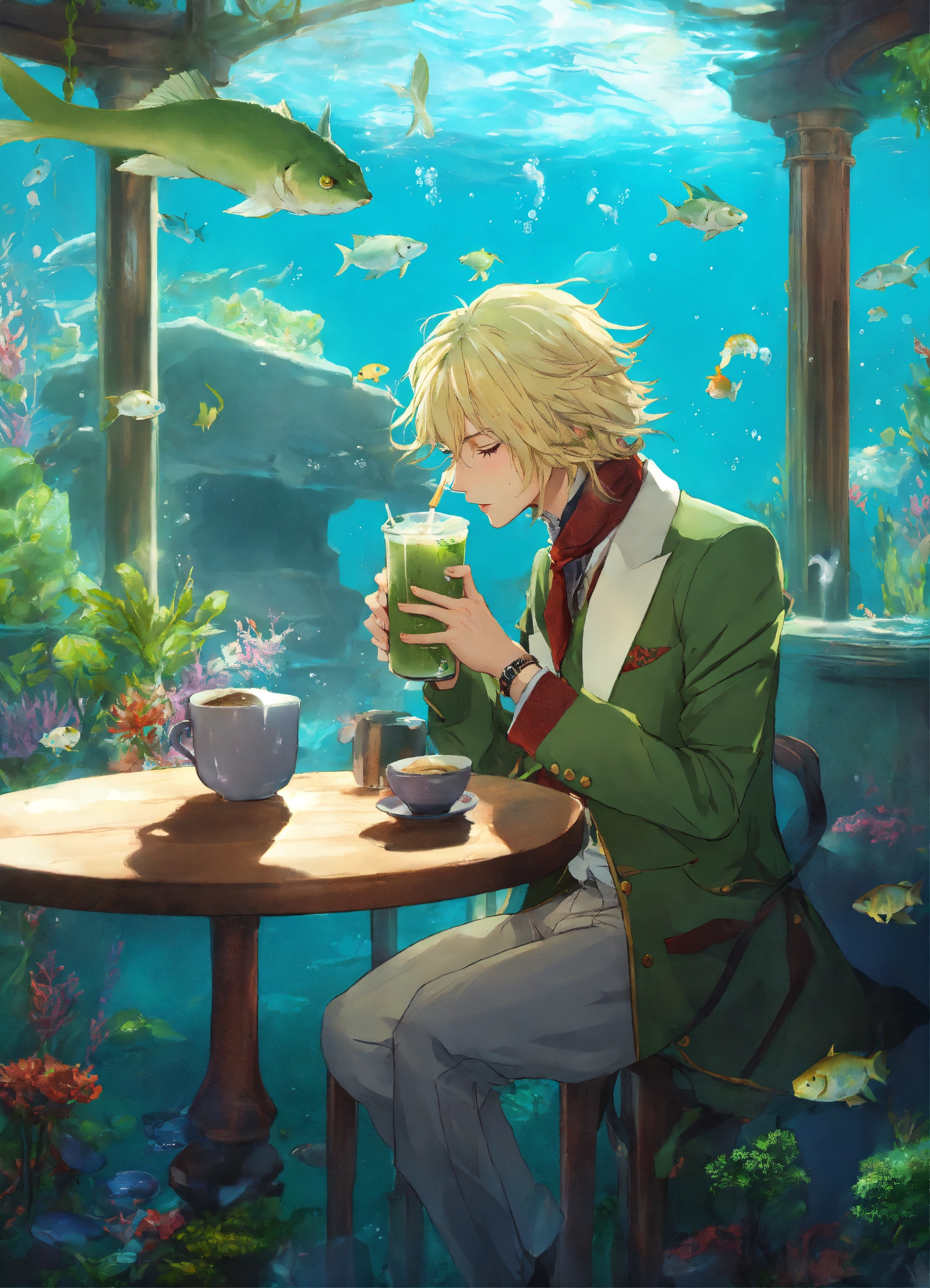 lexica-howl-pendragon-drinking-a-matcha-latte-in-an-underwater-cafe