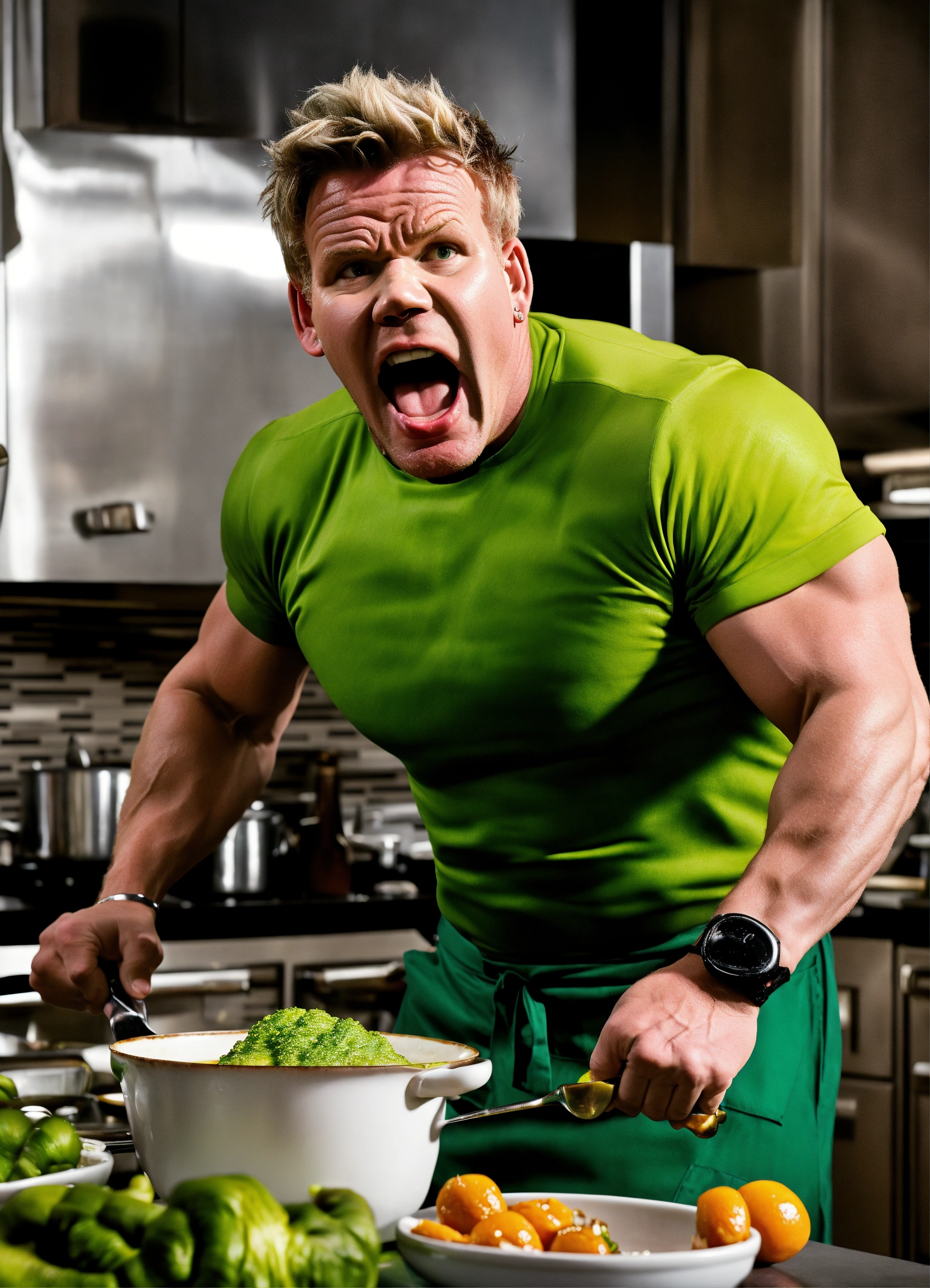 Lexica - Gordon ramsay screaming at hulk in a kitchen