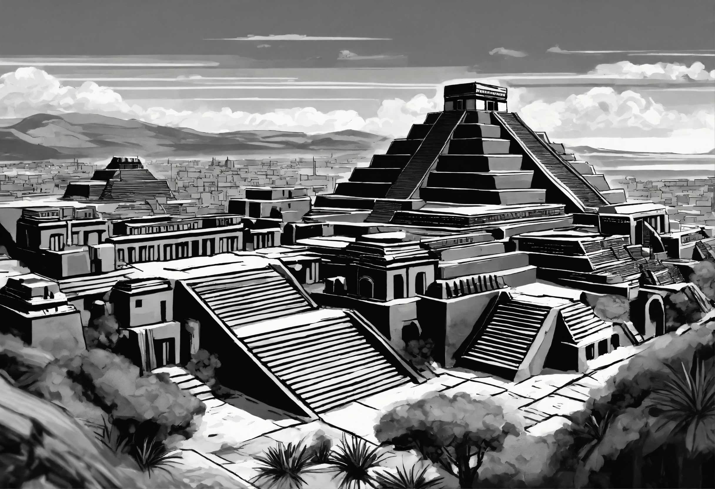 Lexica - Graphic stylized drawing of aztec city in grayscale, 8k
