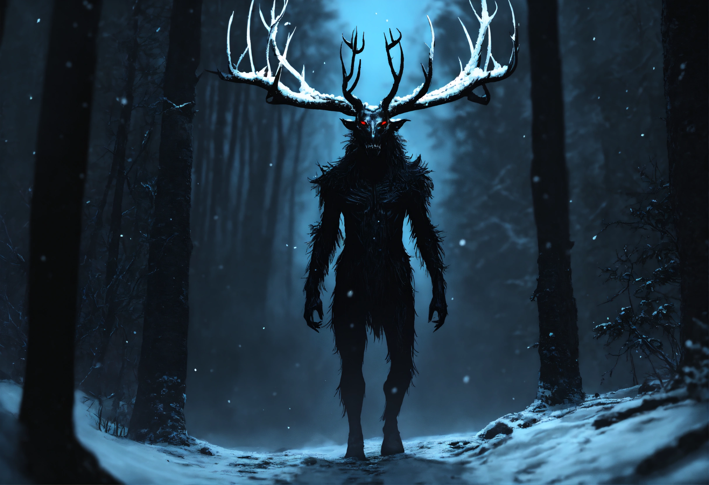 Lexica - Wendigo in complete darkness, eyes glow and snow is falling on ...