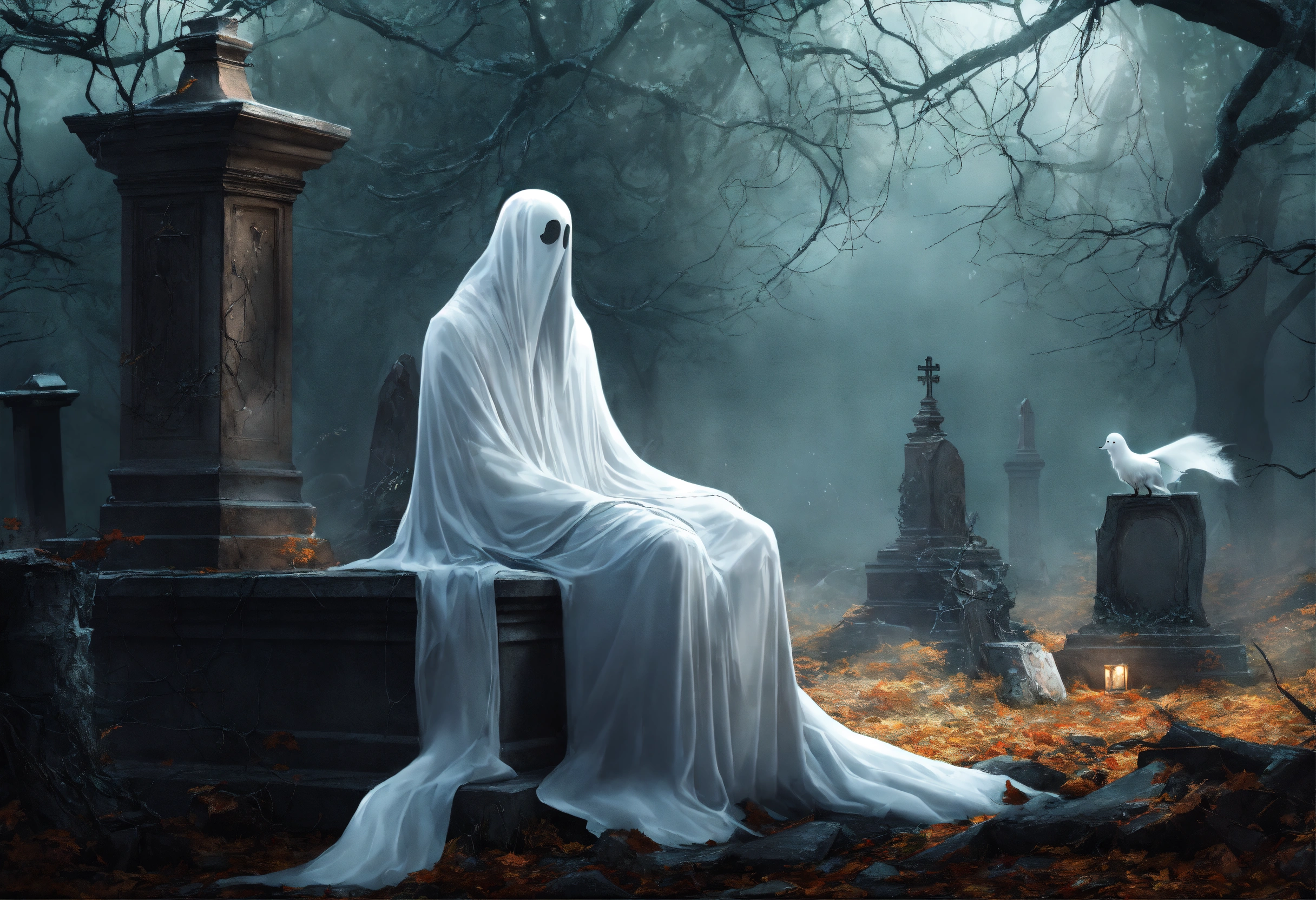 Lexica - Create a digital art piece featuring a white ghost sitting on ...