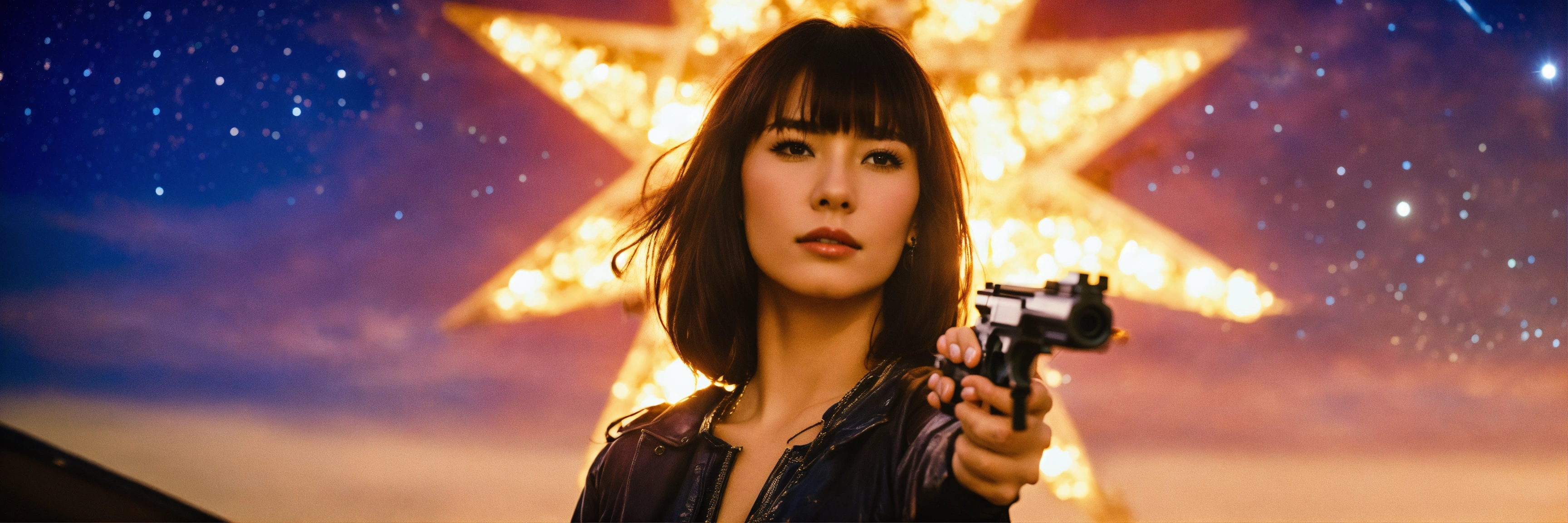 Lexica - Woman holding a pistol in front of a star-filled sky