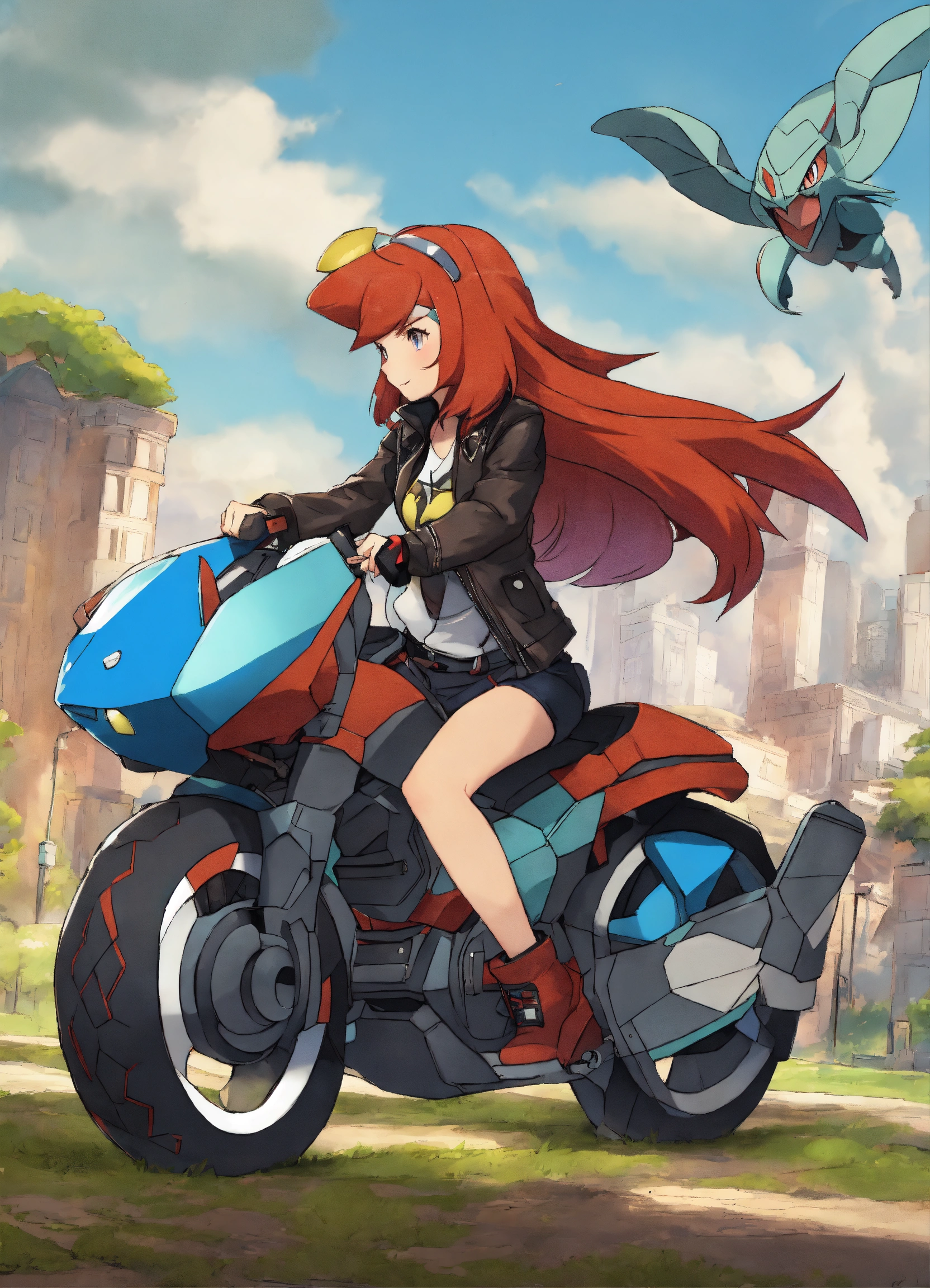 Lexica - Redhead pokemon trainer in leather jacket riding metagross