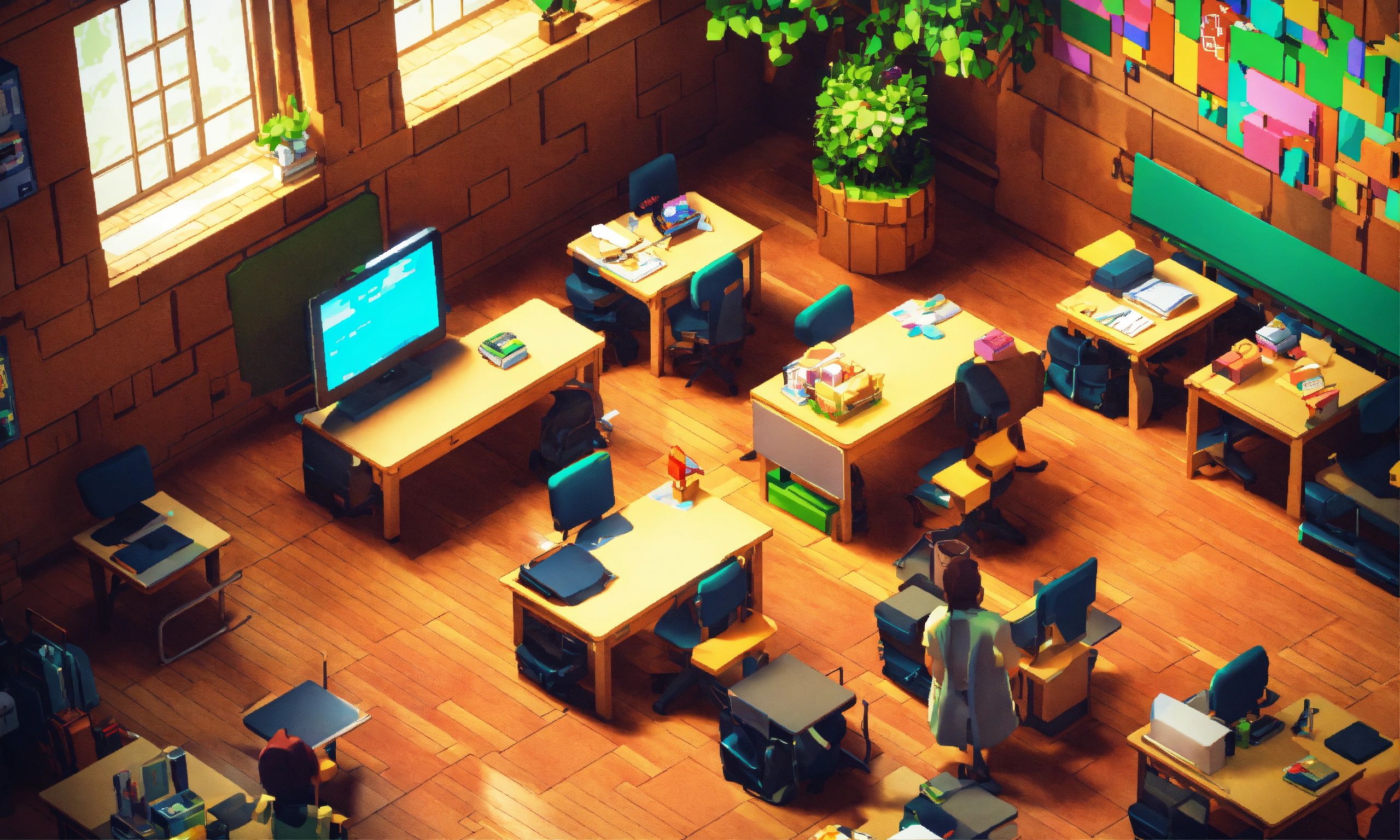 Lexica - Detailed isometric classroom, with desks, pixel art, unreal ...