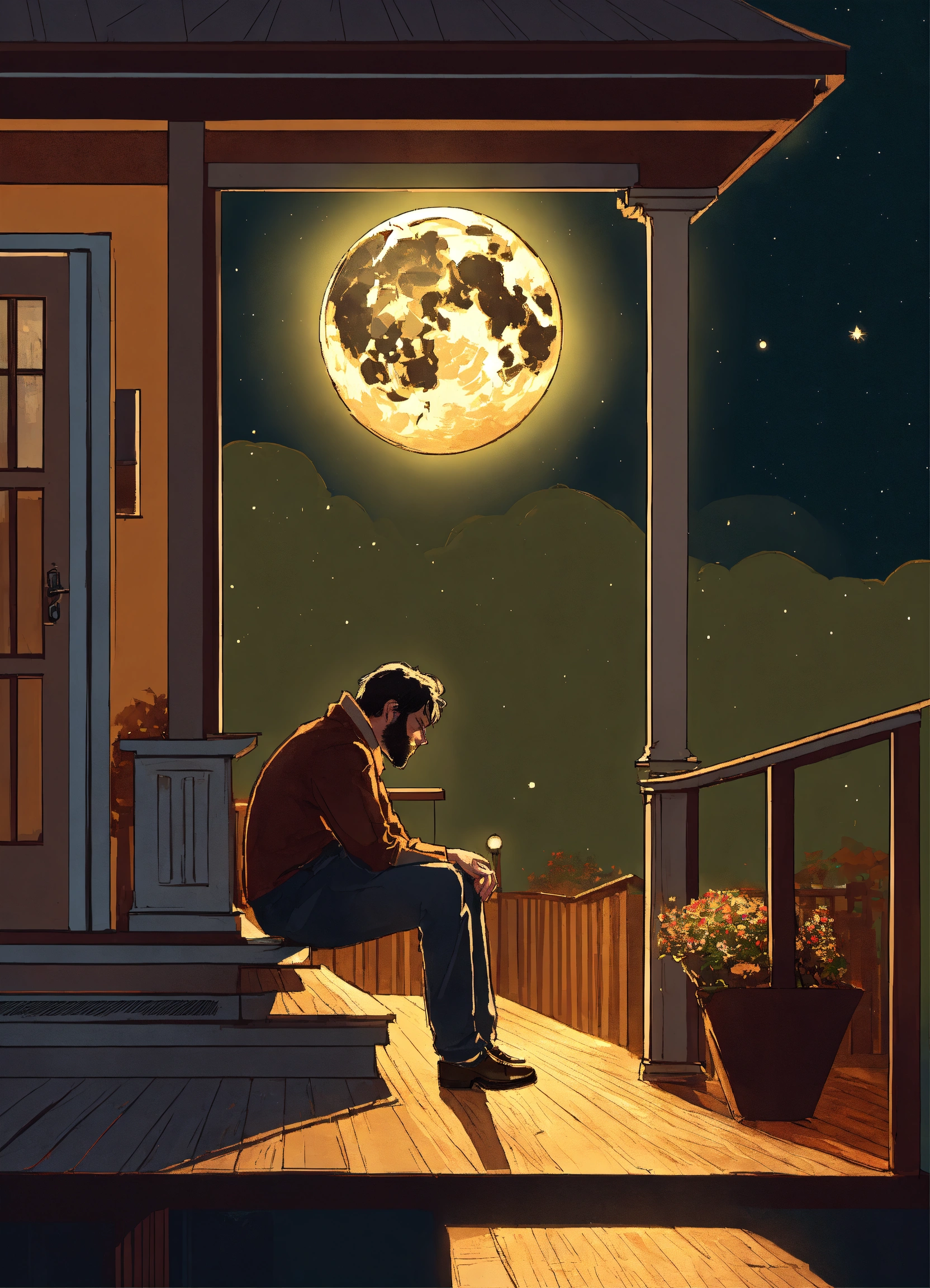 Lexica - Sad lonely man on Porch with half full moon