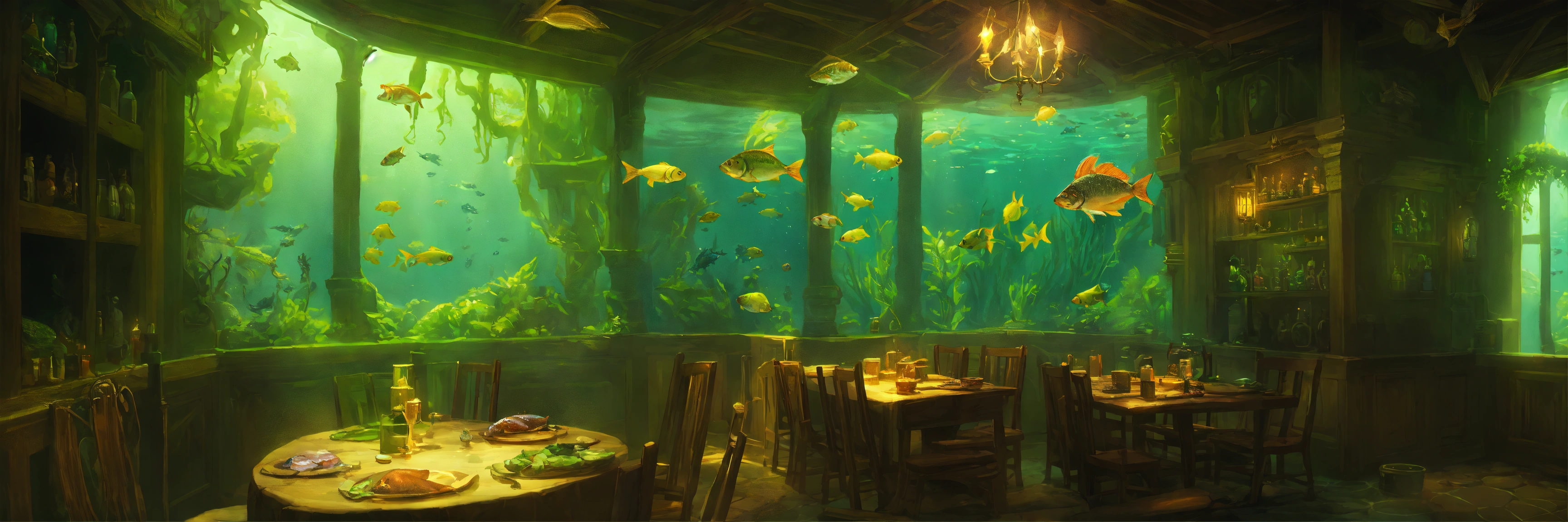 Lexica Underwater Old Tavern With A Lot Of Fish Inside By Justin Gerard And Greg Rutkowski