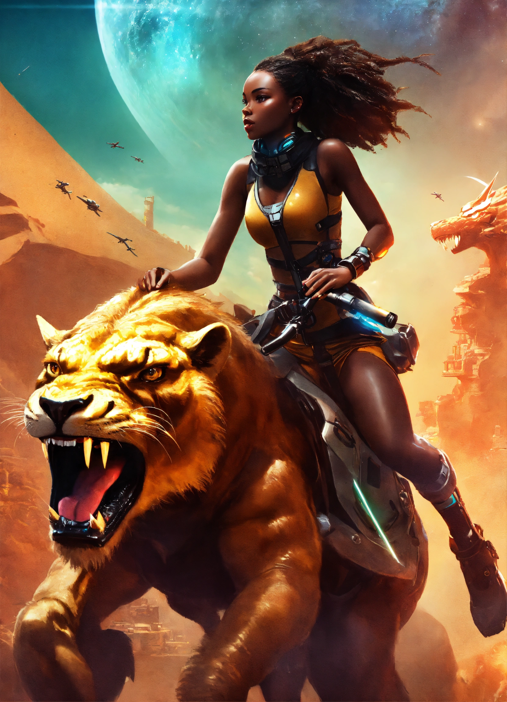 Lexica - Atheletic Ugandan woman riding a chimera. futuristic ...